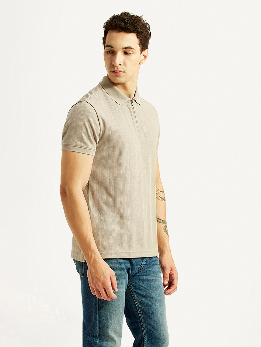 Men's Self Design Beige Slim Fit Polo T-shirt - Side View