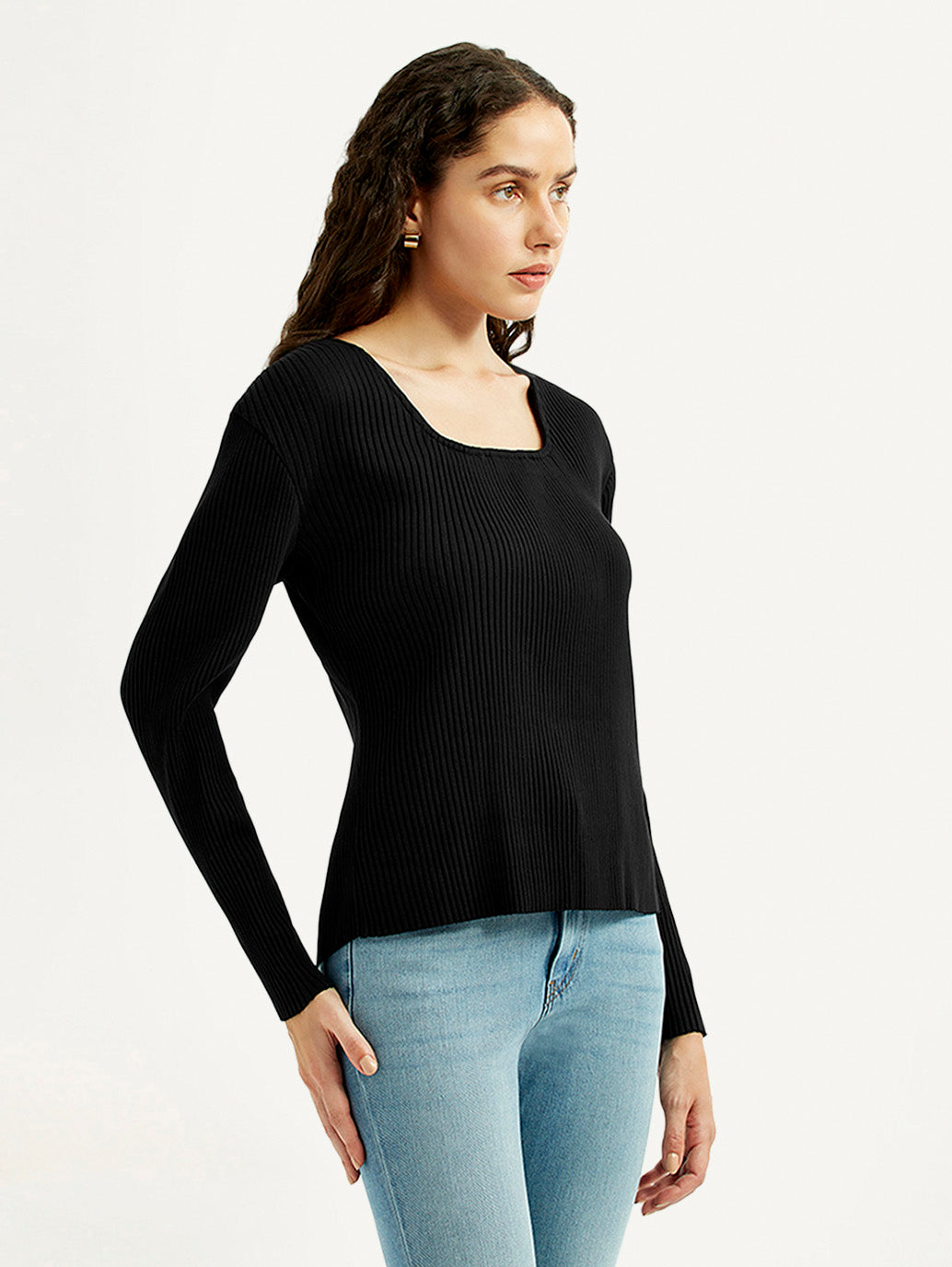 Women's Solid Black Square Neck Top - Side View