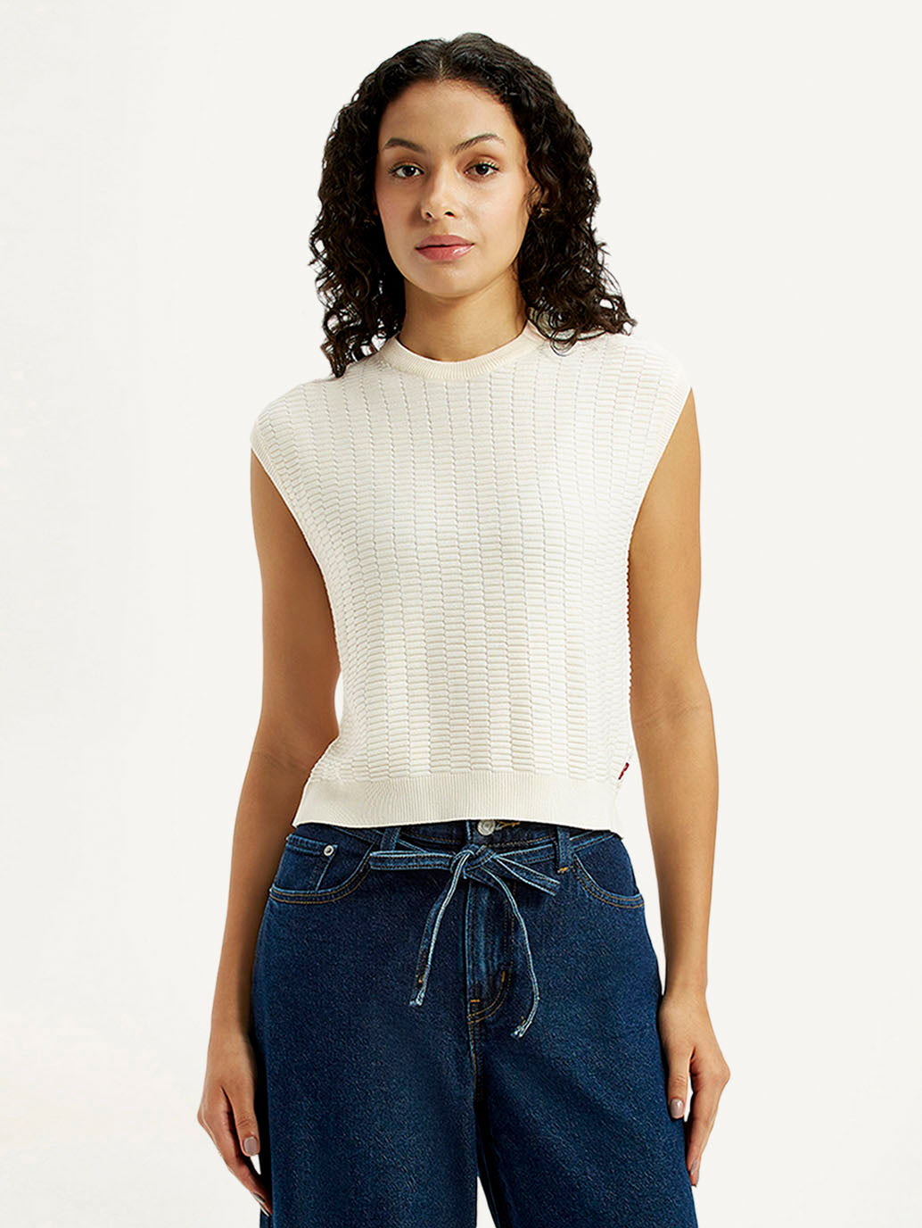 Women's Self Design Off White Crew Neck Top - Front View
