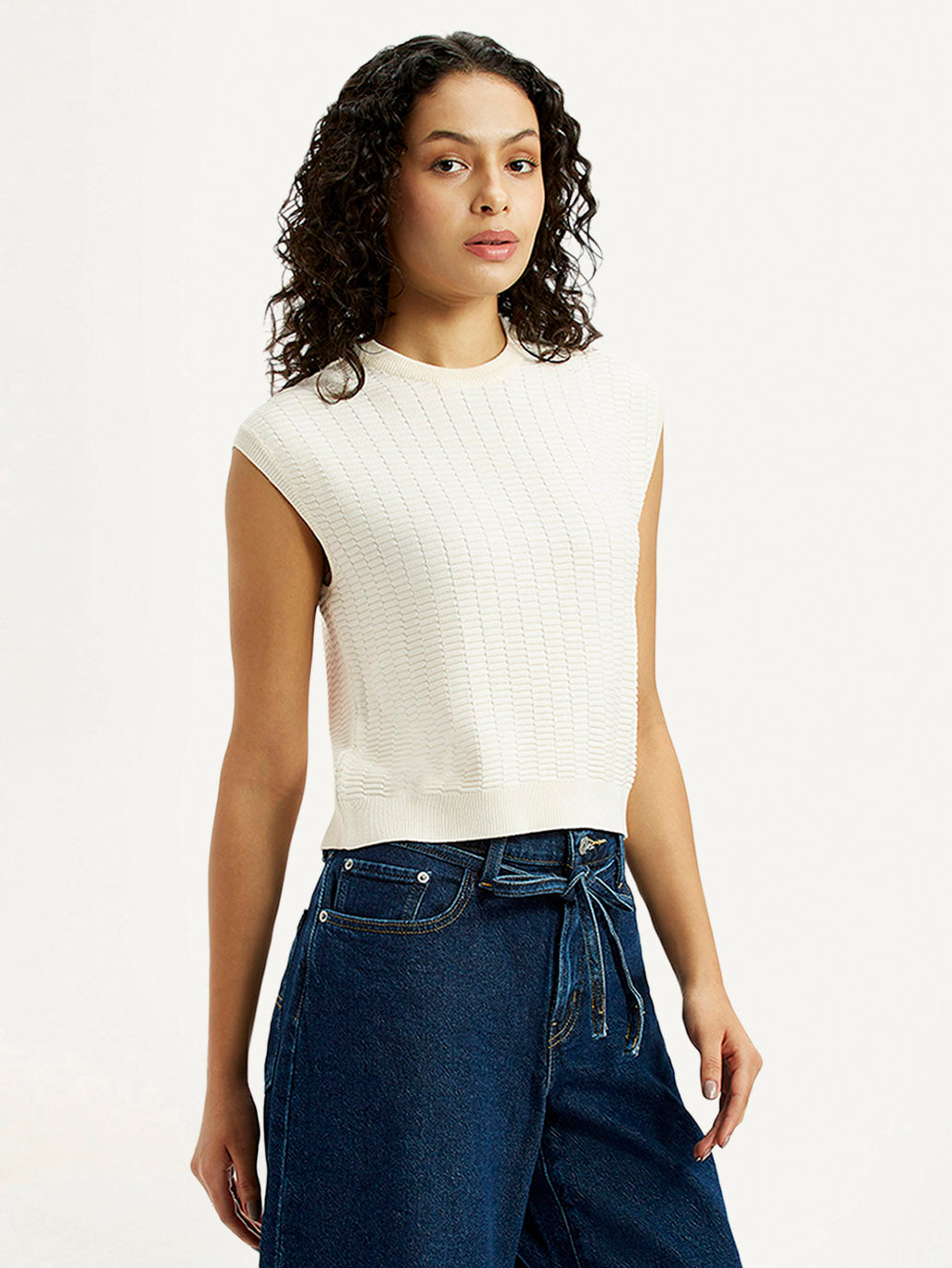 Women's Self Design Off White Crew Neck Top - Side View