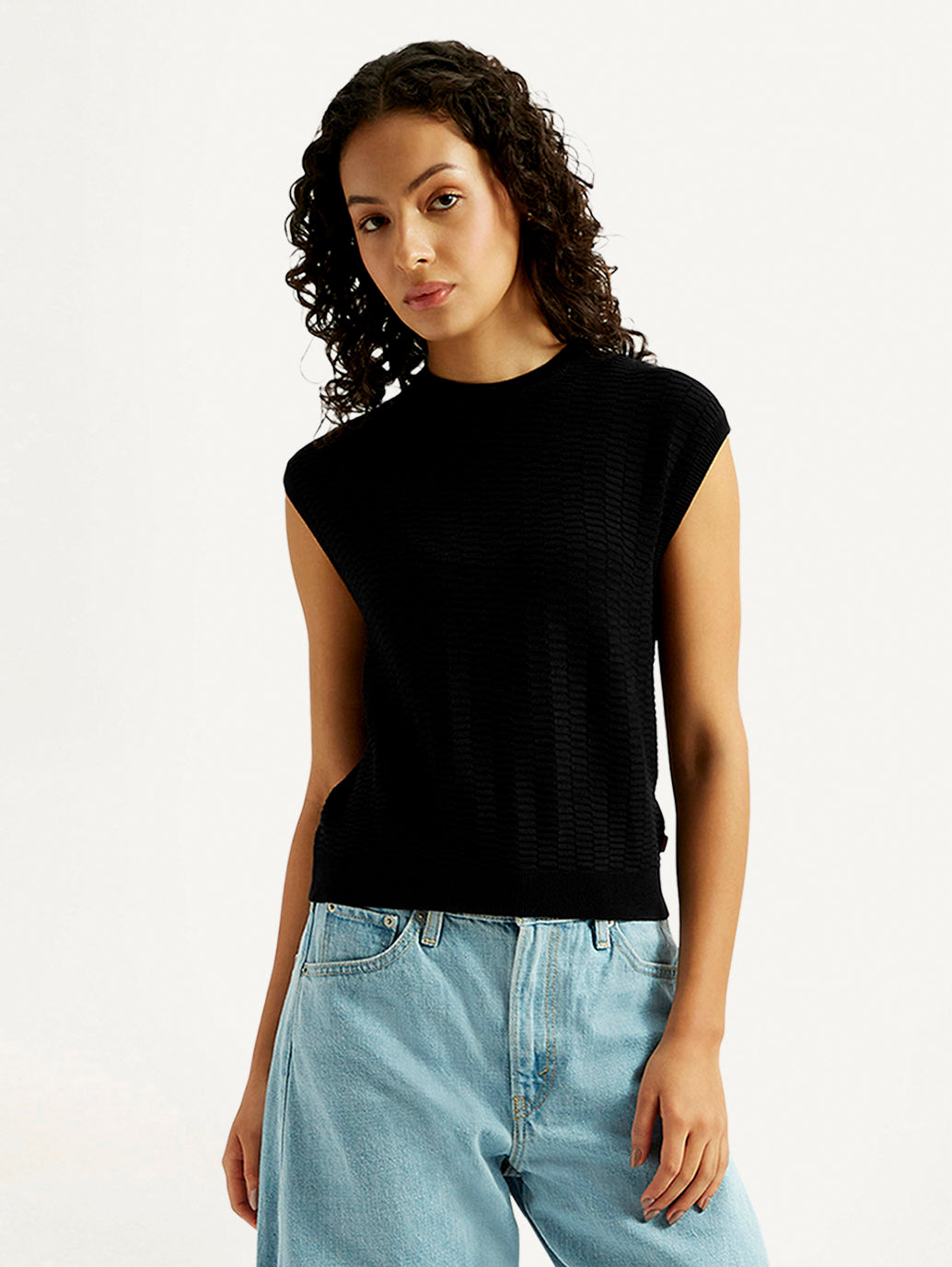 Women's Textured Black Crew Neck Top - Styleshot View