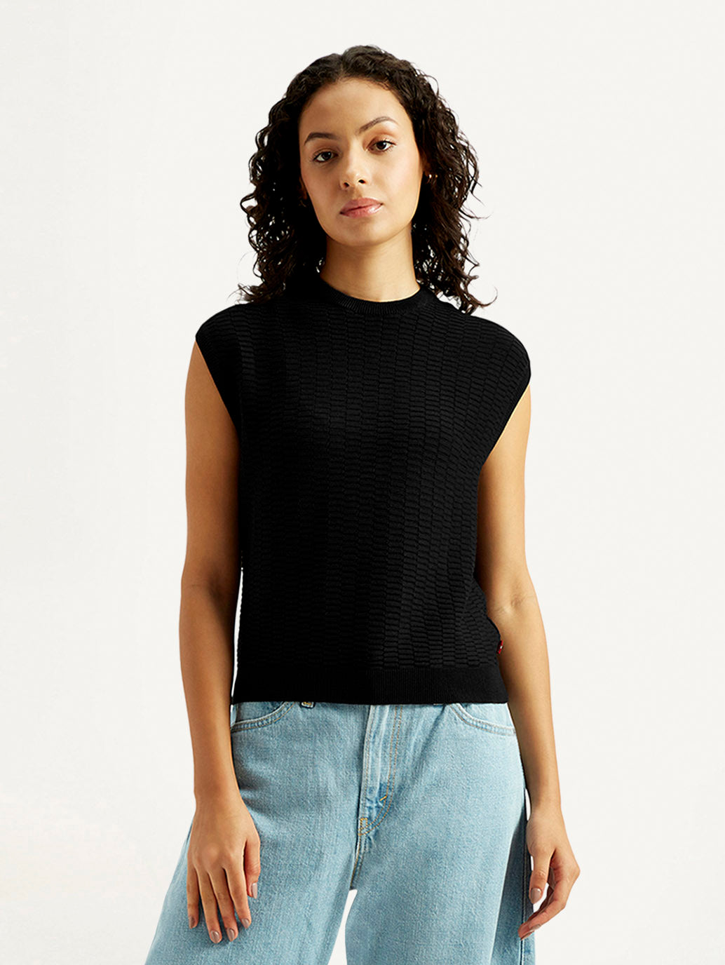 Women's Textured Black Crew Neck Top - Front View
