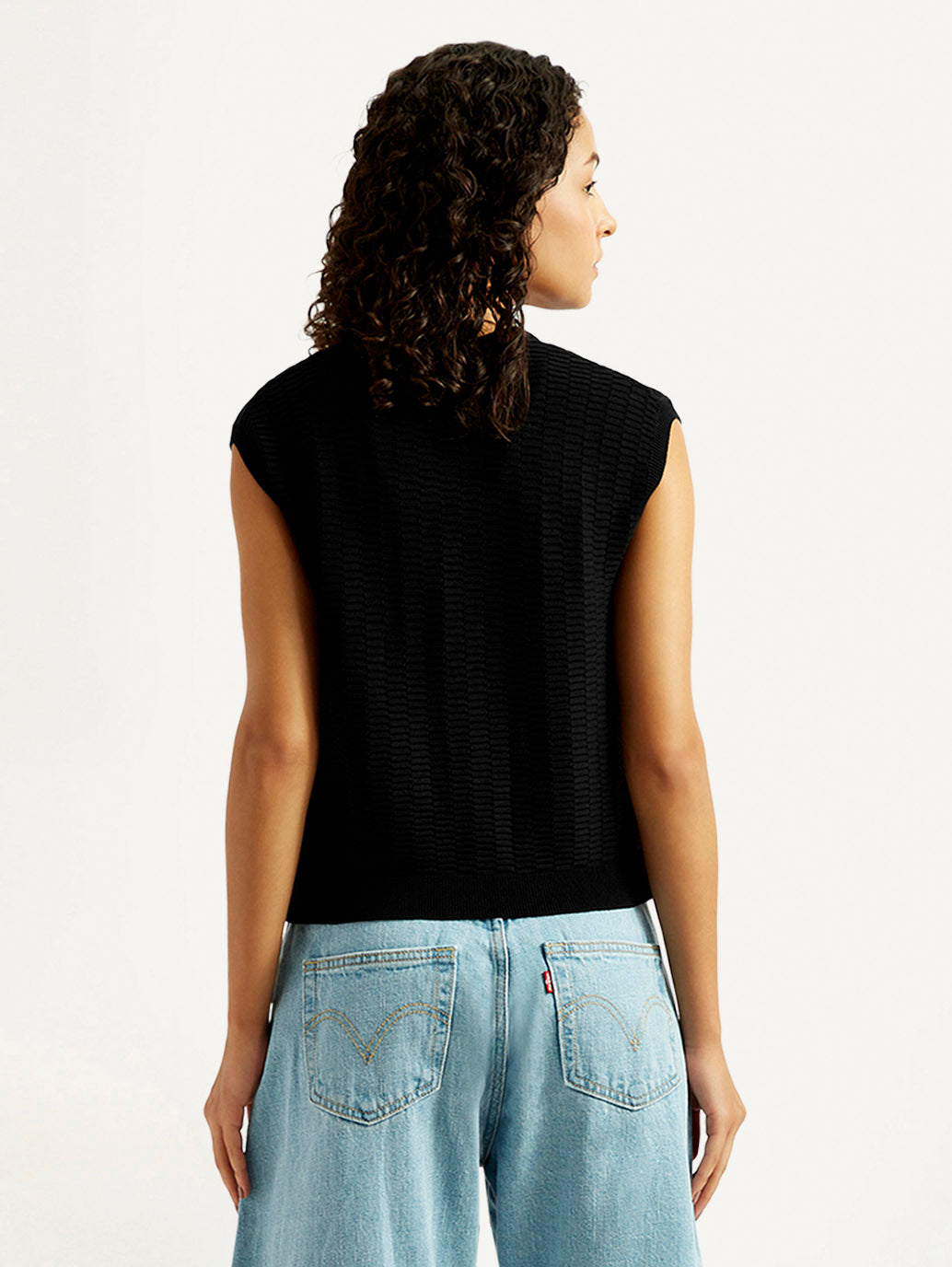 Women's Textured Black Crew Neck Top - Back View