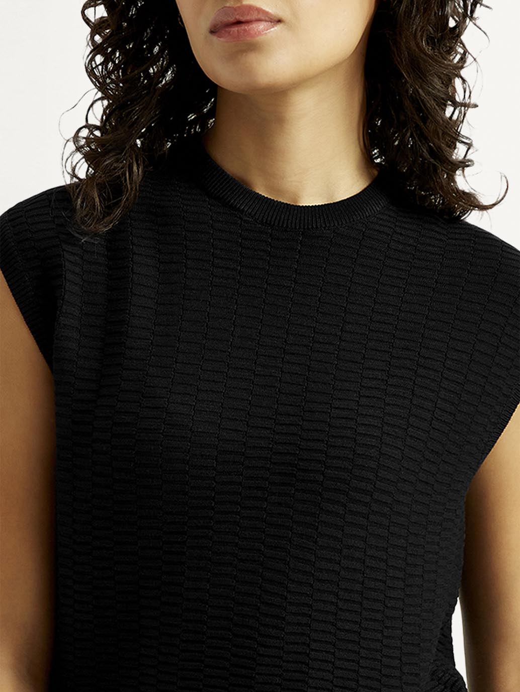 Women's Textured Black Crew Neck Top - Detail View