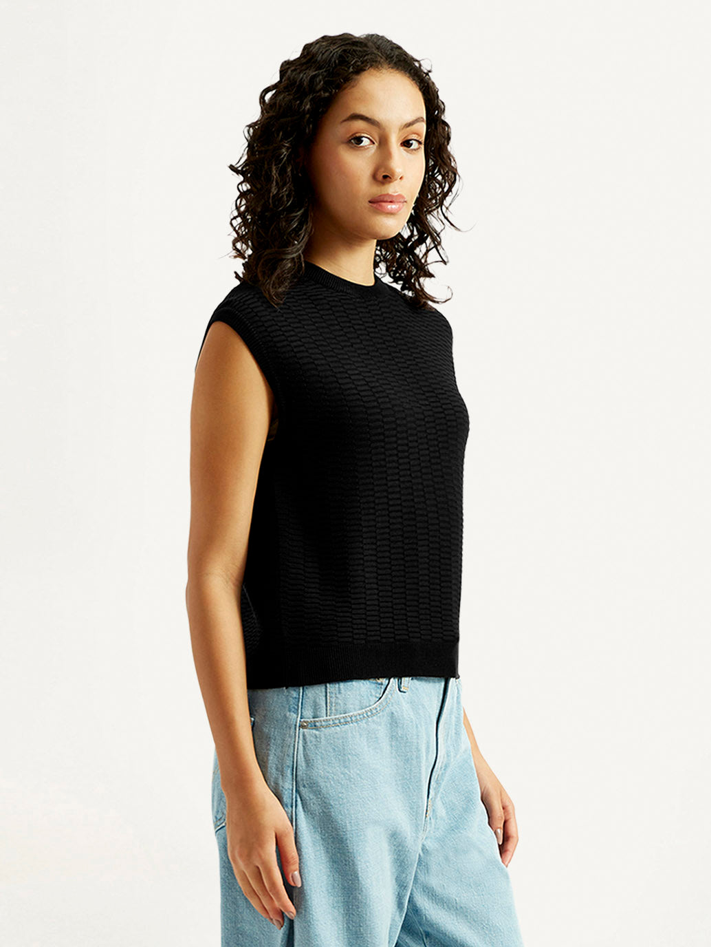 Women's Textured Black Crew Neck Top - Side View