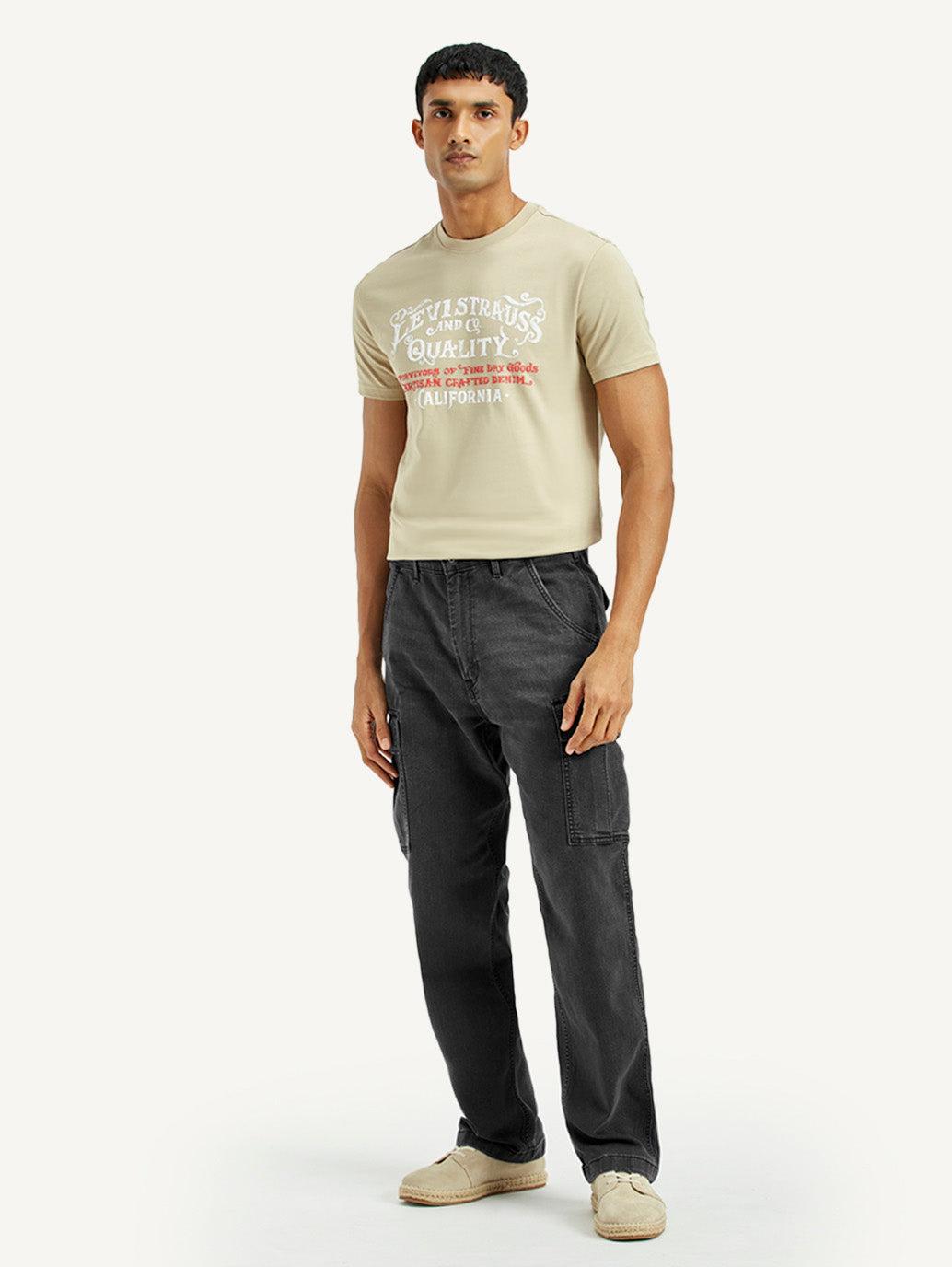 Men's Black Tapered Fit Mid Rise Cargo Jeans - Front View