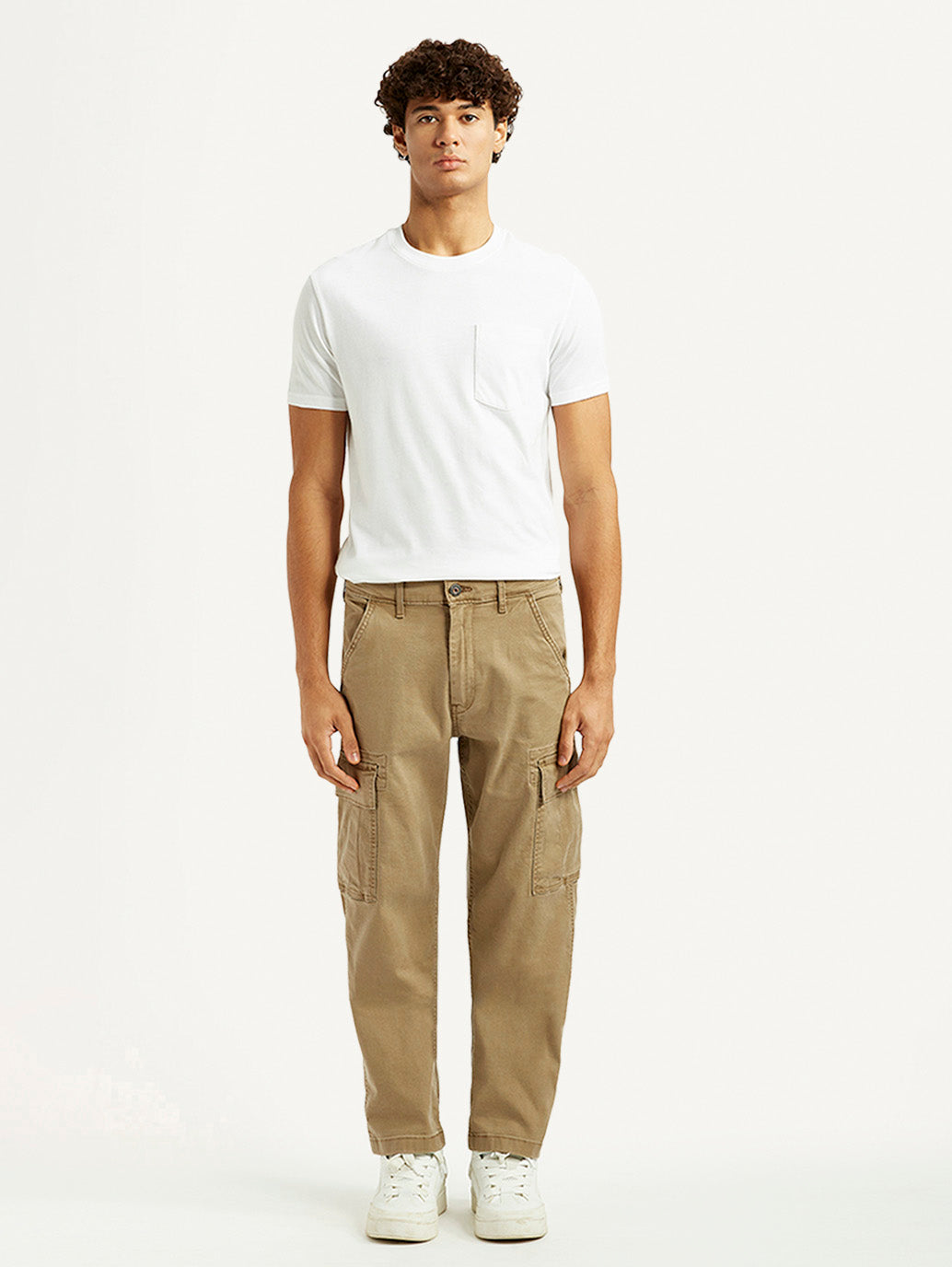 Men's Khaki Overdyed Tapered Fit Mid Rise Cargo Trousers - Front View