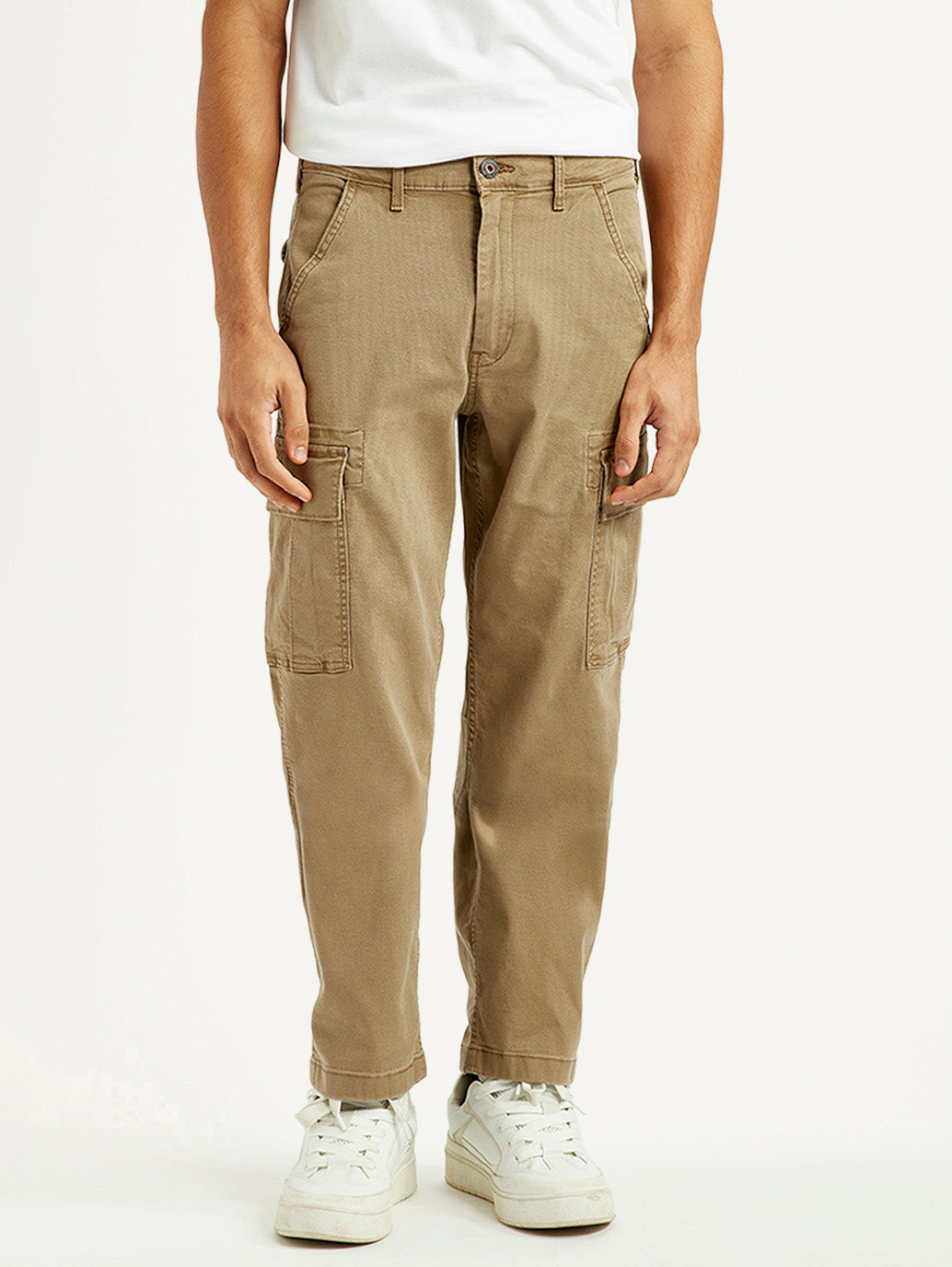 Men's Khaki Overdyed Tapered Fit Mid Rise Cargo Trousers - Front View