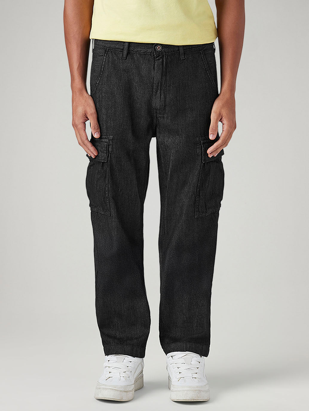 Men's 568 Black Loose Fit Mid Rise Cargos - Front View