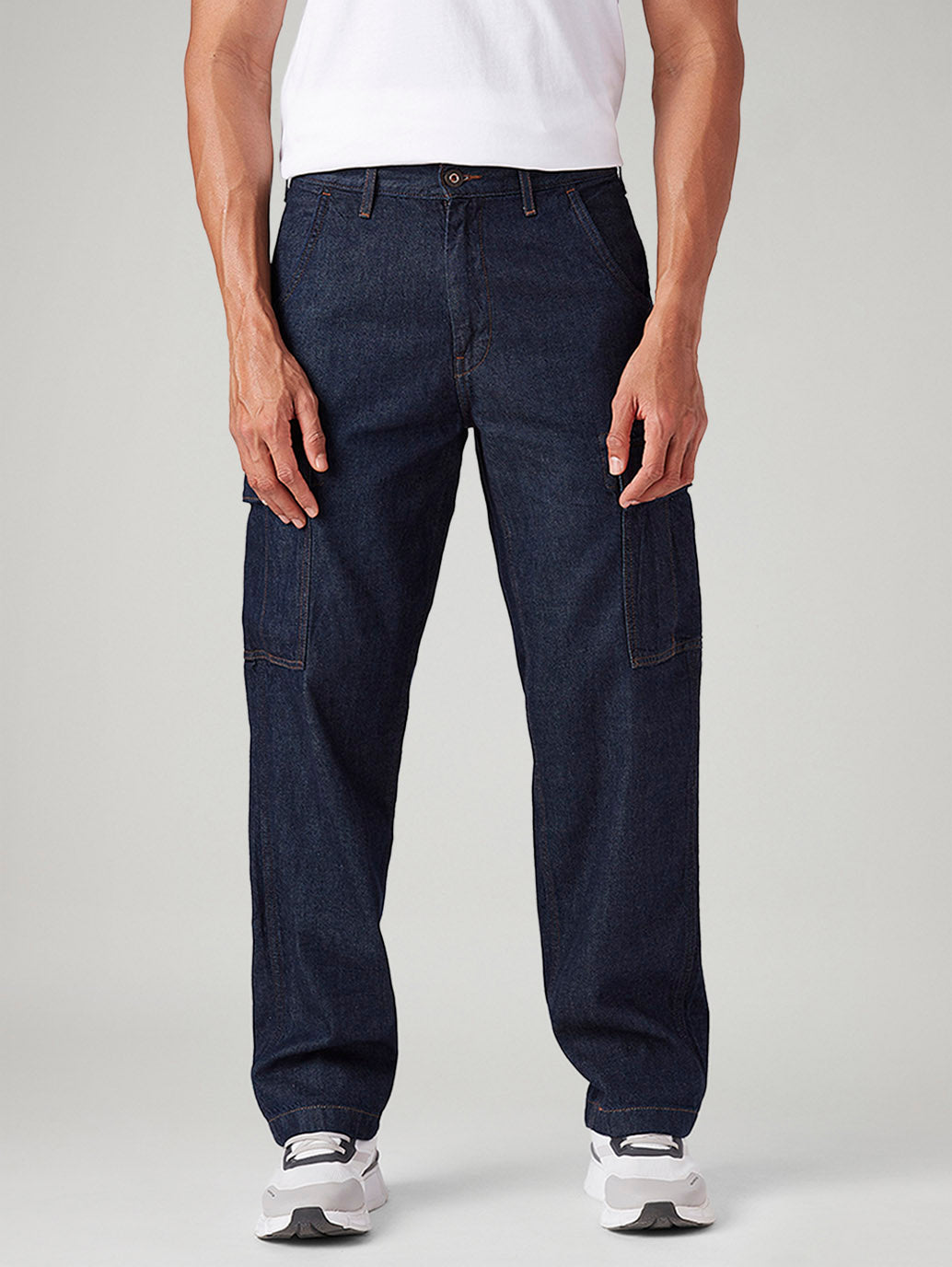 Men's 568 Dark Blue Loose Fit Mid Rise Cargos - Front View