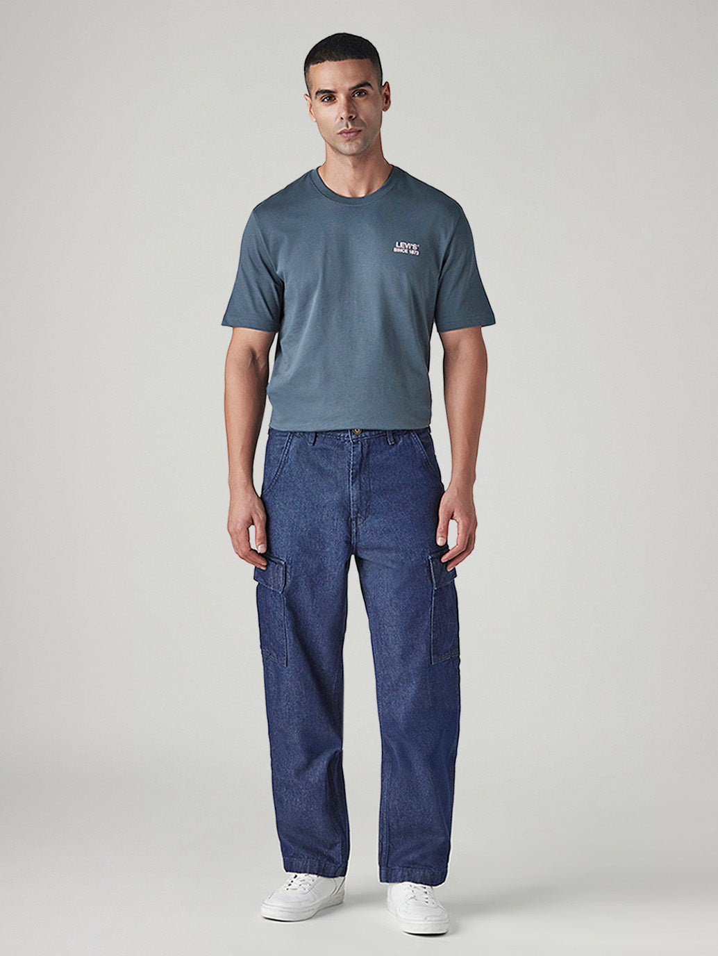 Men's 568 Blue Loose Fit Mid Rise Cargos - Front View