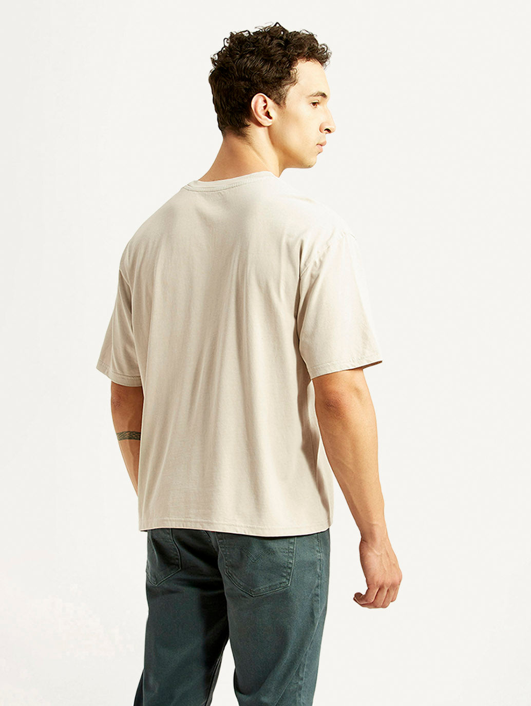 Men's Graphic Print Beige Boxy T-shirt - Back View