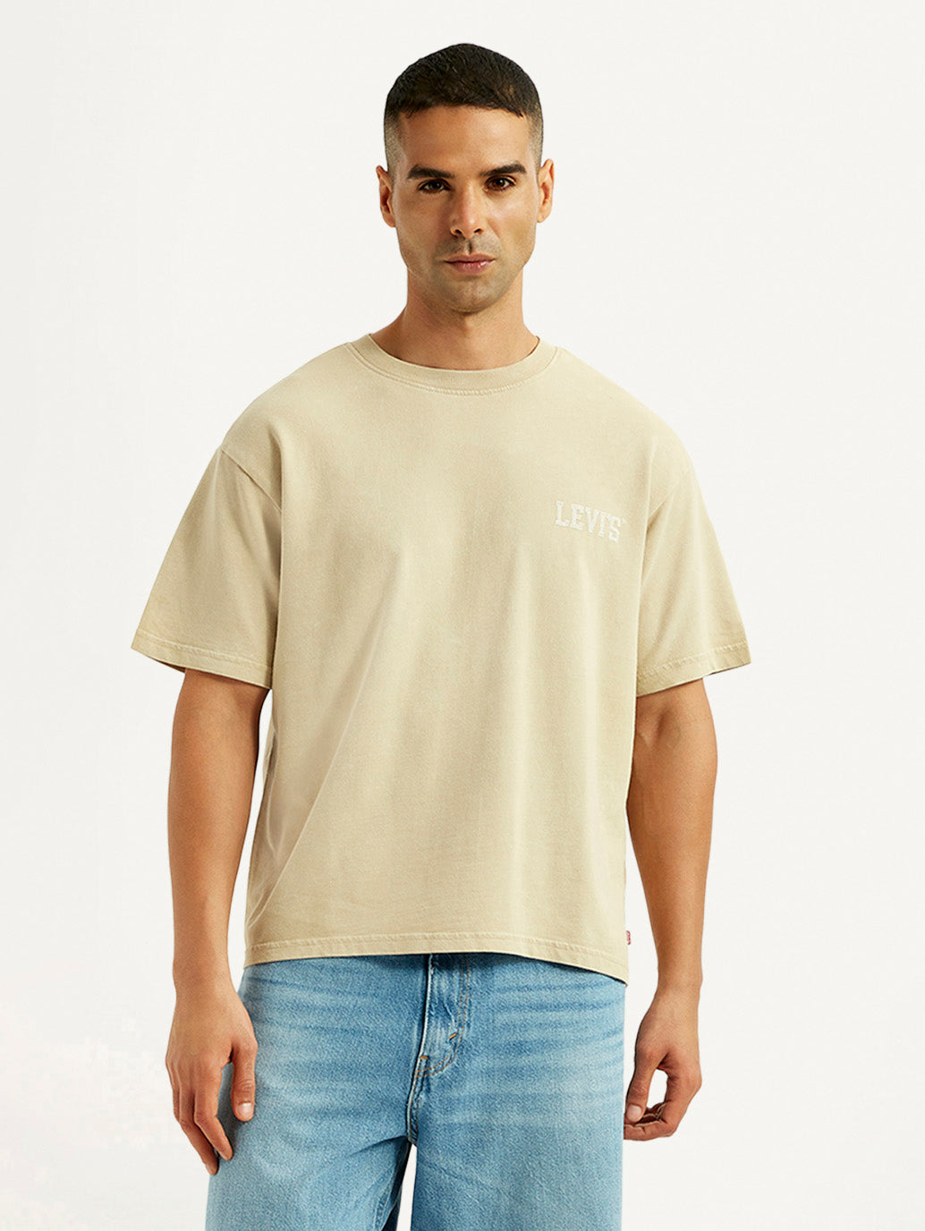 Men's Brand Logo Beige Loose Fit T-shirt - Styleshot View