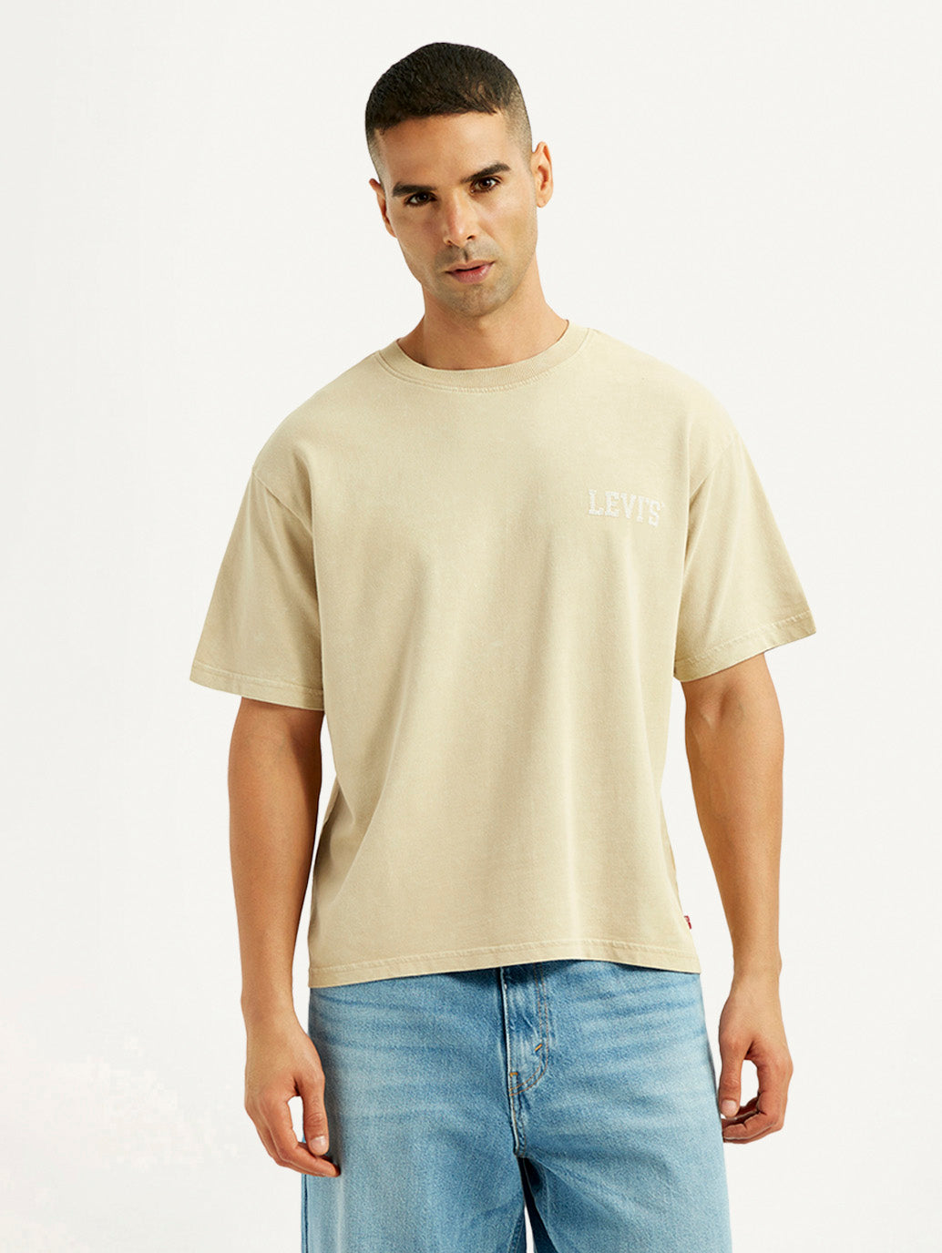 Men's Brand Logo Beige Loose Fit T-shirt - Front View