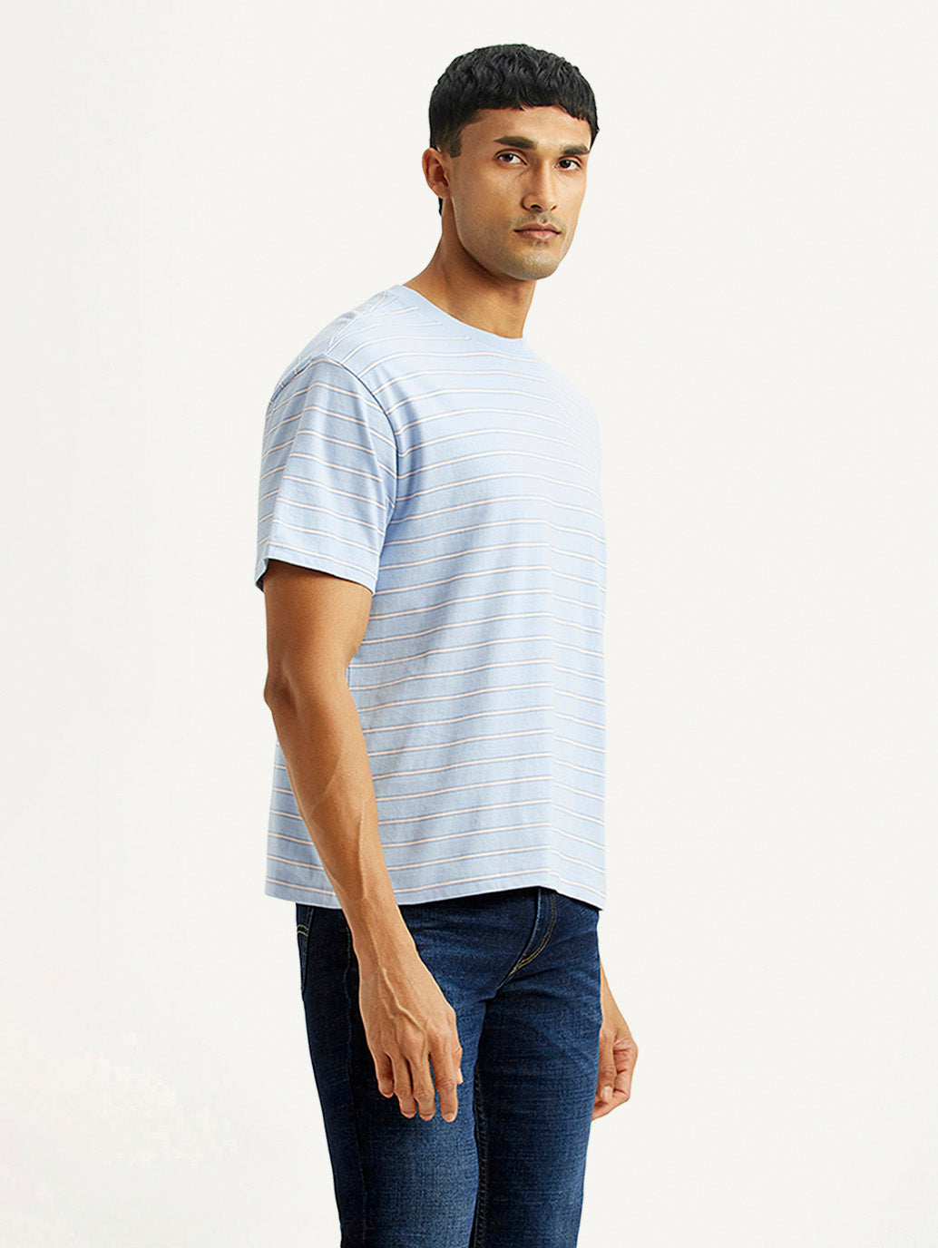 Men's Striped Light Blue Boxy T-shirt - Side View