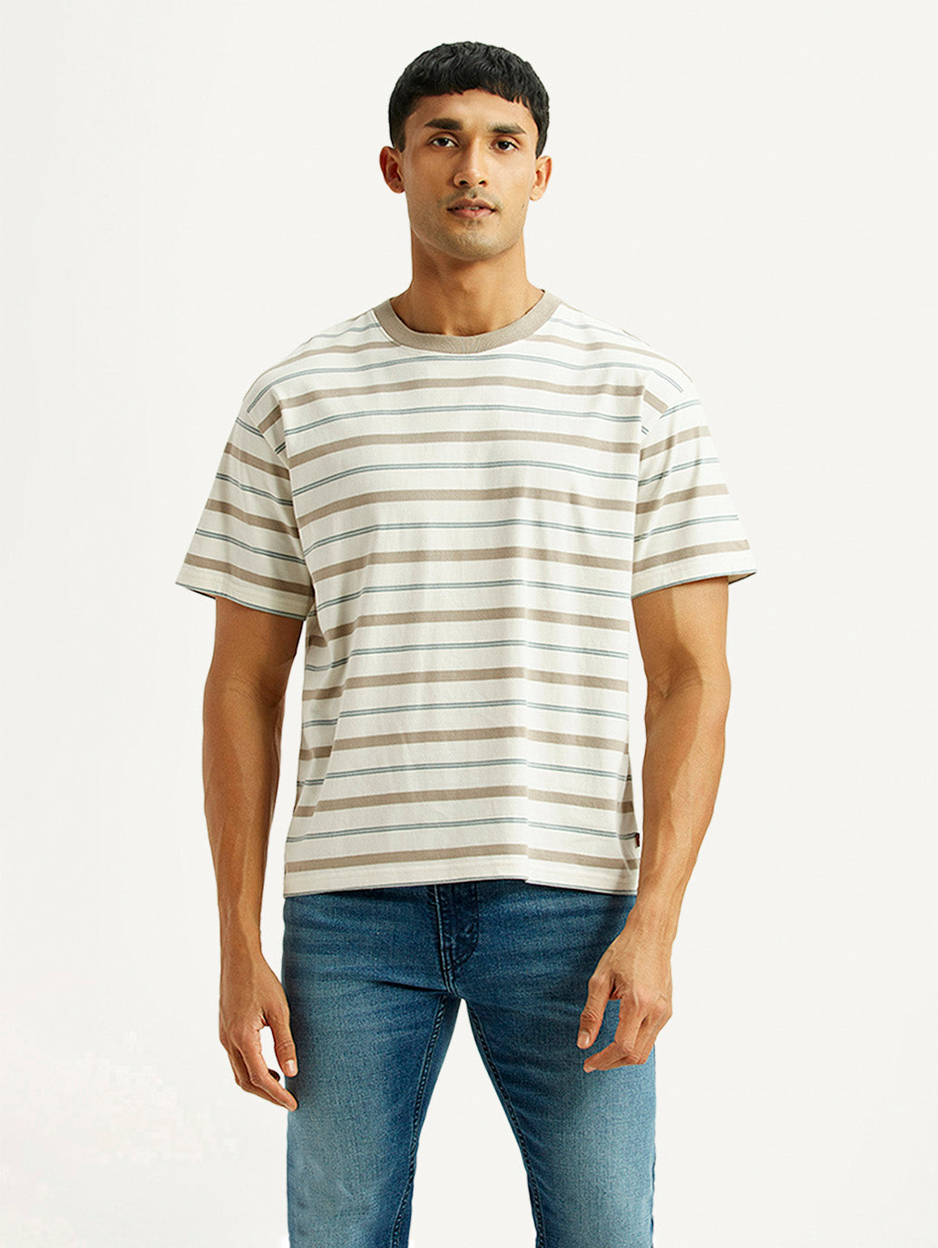 Men's Striped Off-White Boxy T-shirt - Front View