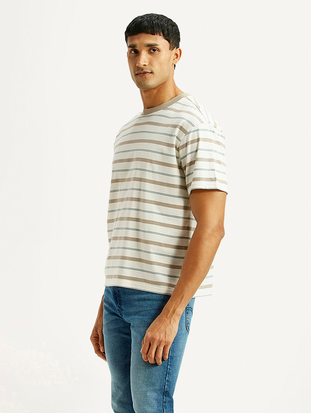 Men's Striped Off-White Boxy T-shirt - Side View