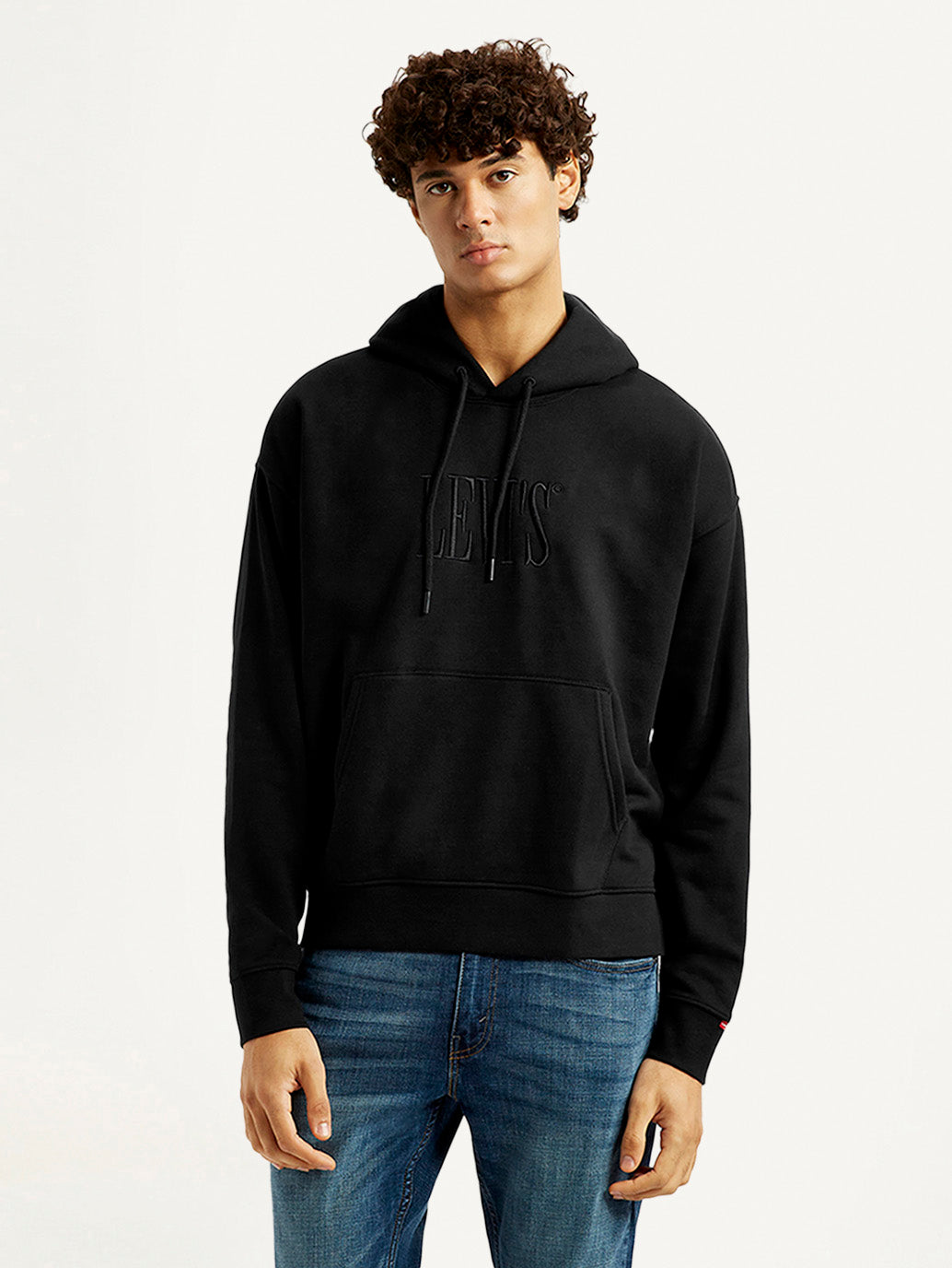 Men's Brand Logo Black Hooded Sweatshirt - Front View