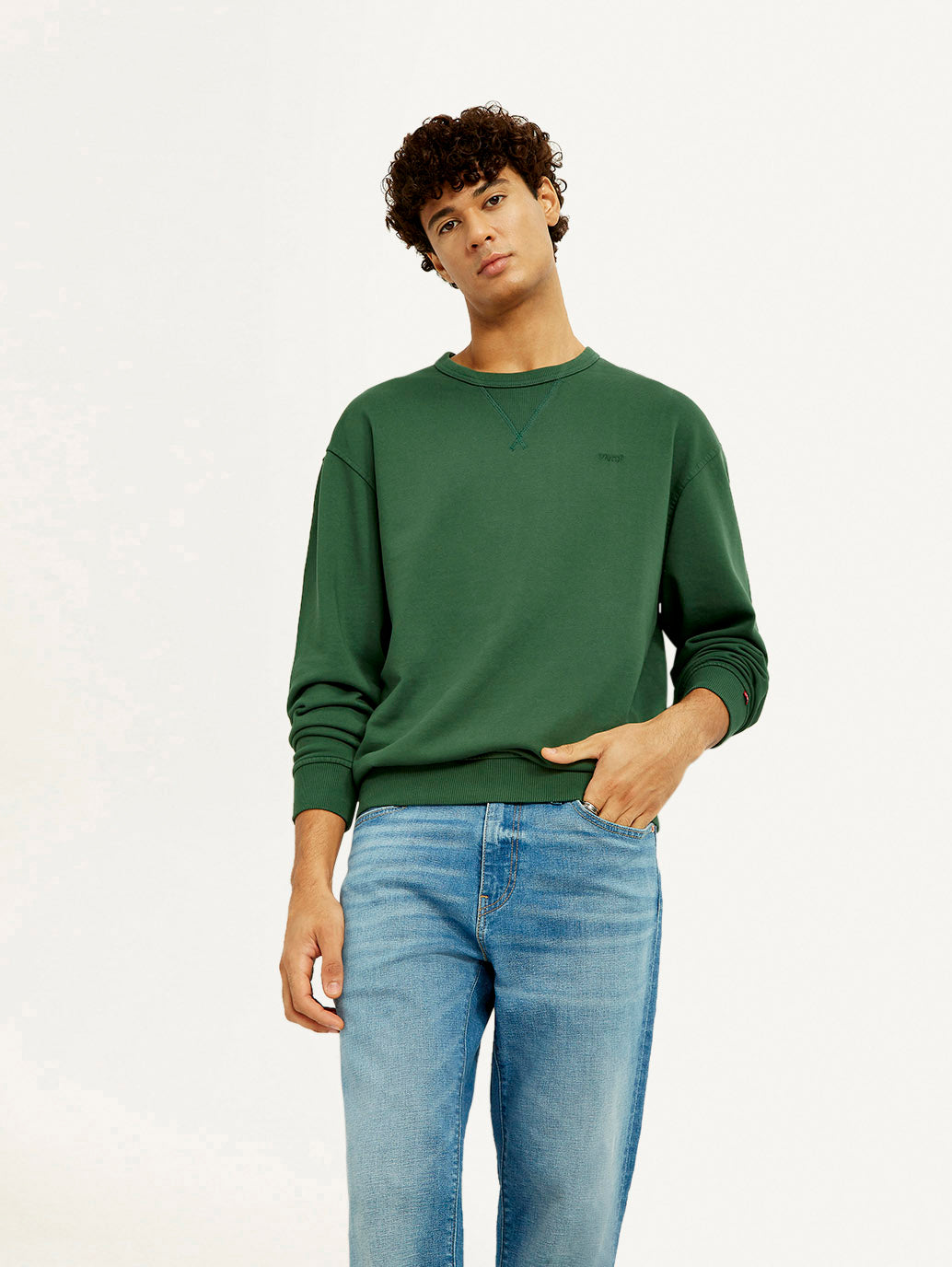 Men's Overdyed Solid Green Crew Neck Sweatshirt - Elevated View