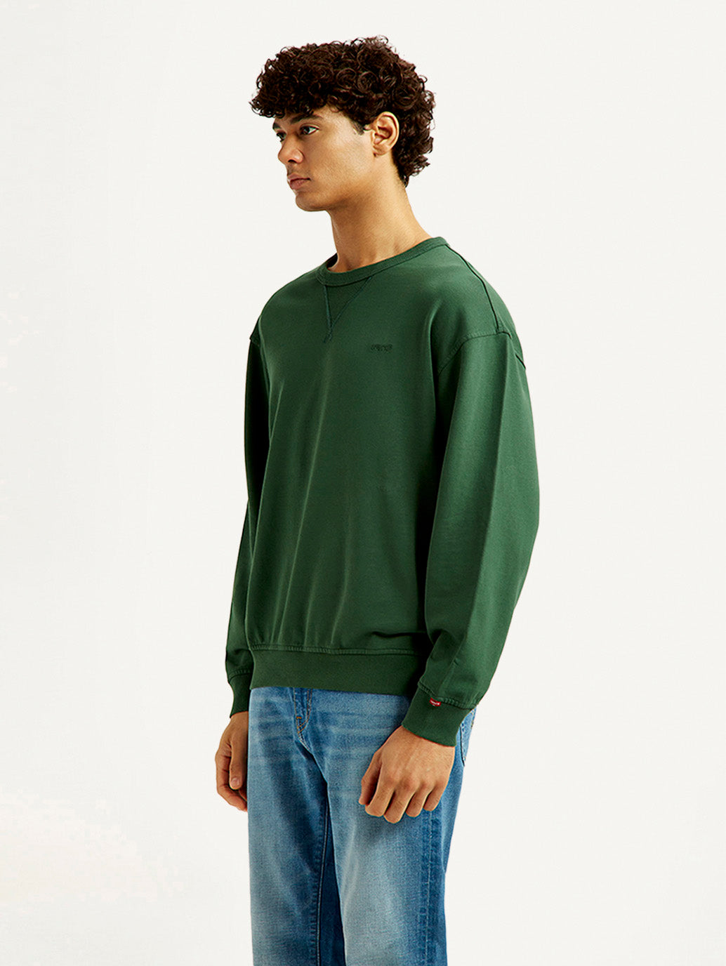Men's Overdyed Solid Green Crew Neck Sweatshirt - Side View