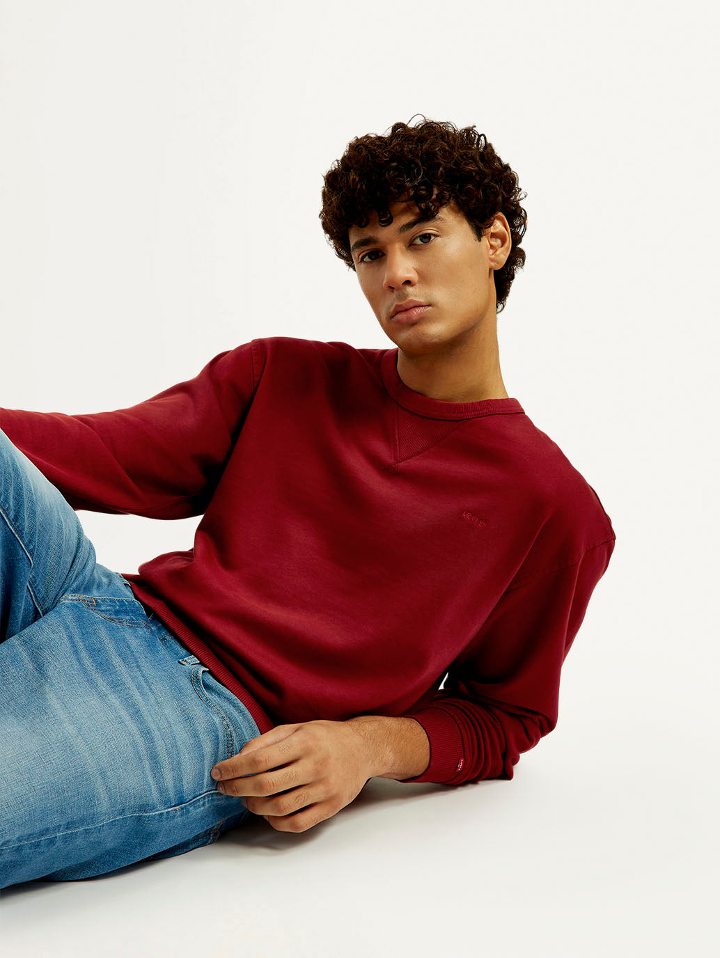 Men's Overdyed Solid Red Crew Neck Sweatshirt - Elevated View