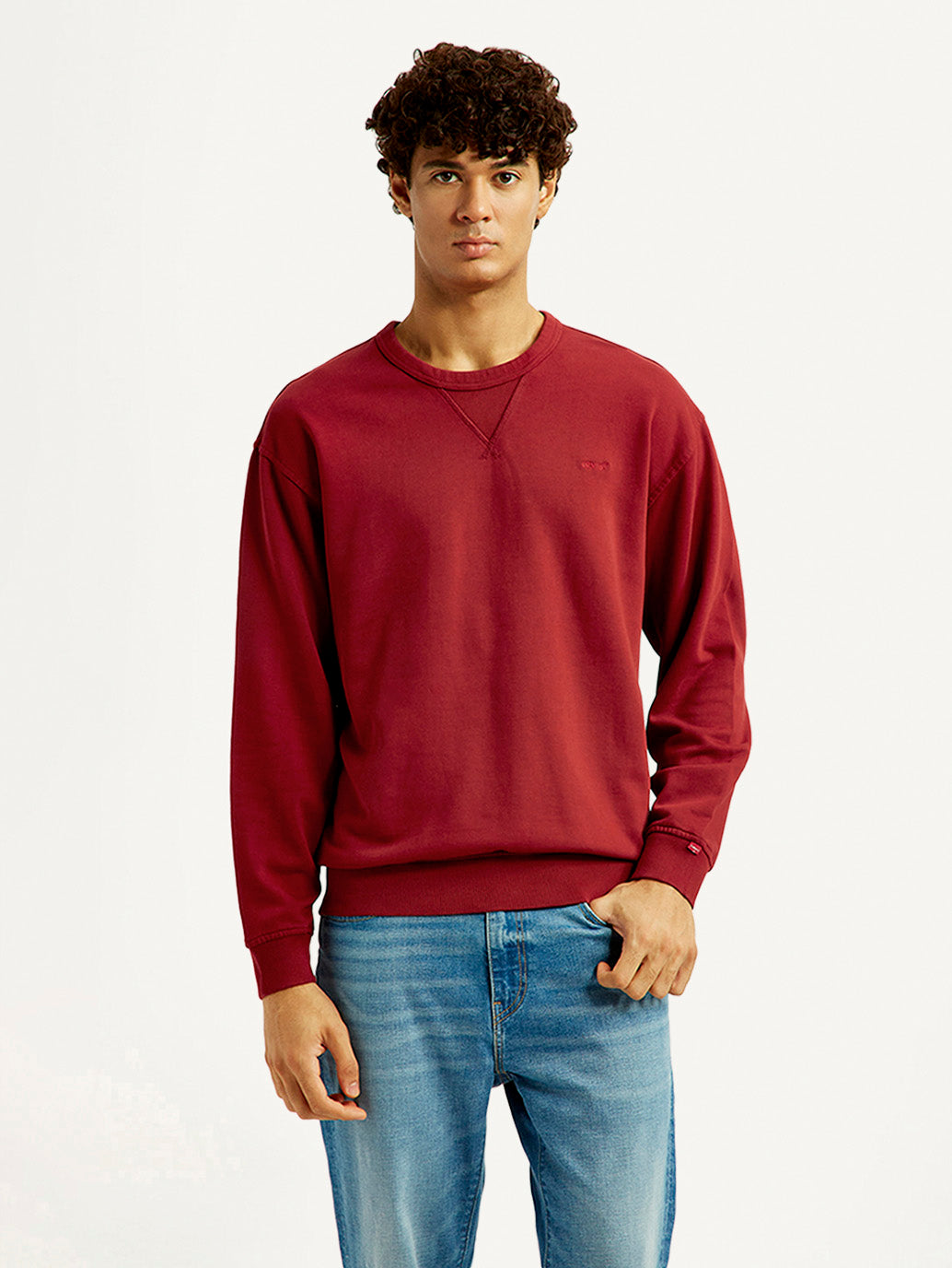 Men's Overdyed Solid Red Crew Neck Sweatshirt - Front View