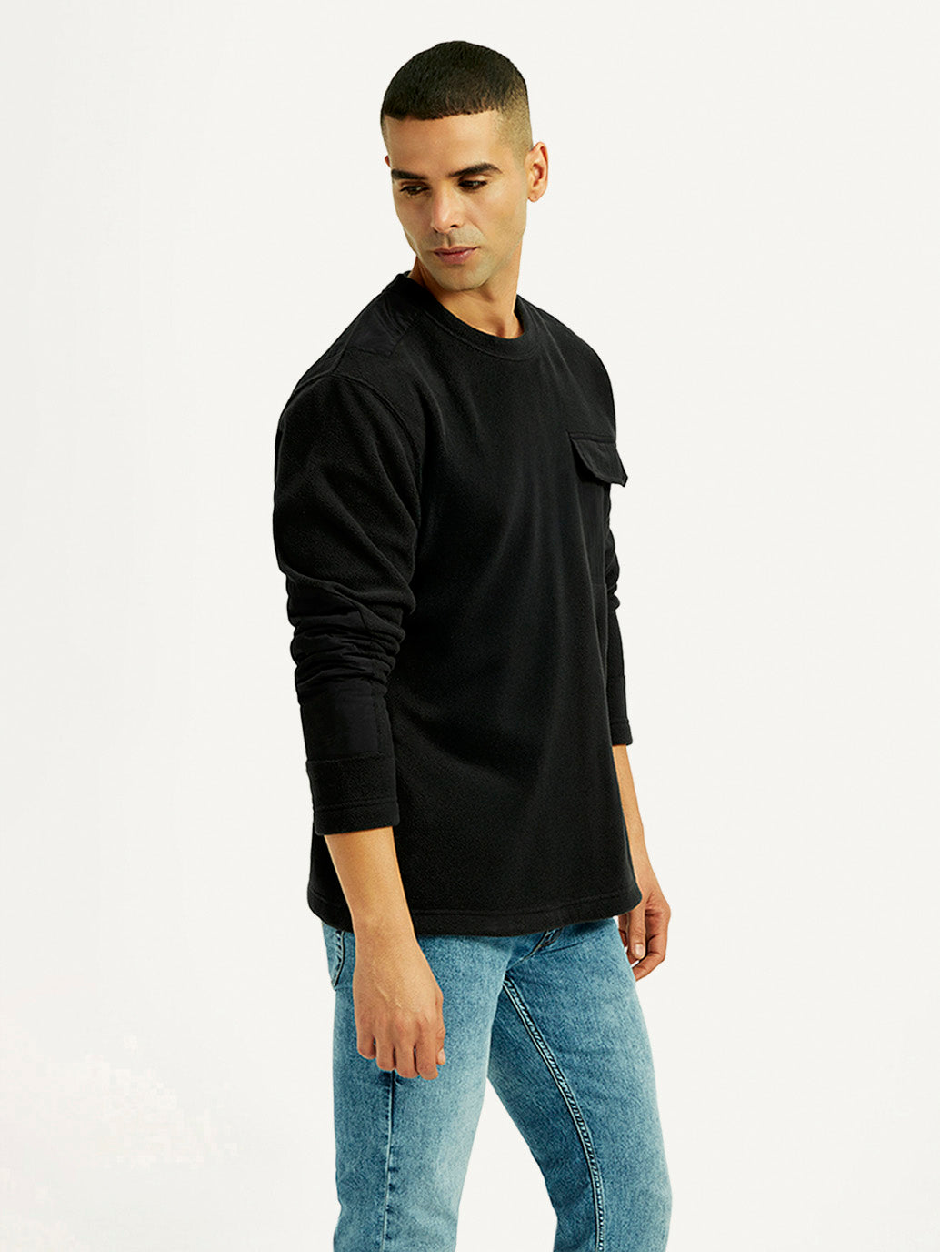 Men's Solid Black Crew Neck Sweatshirt - Side View