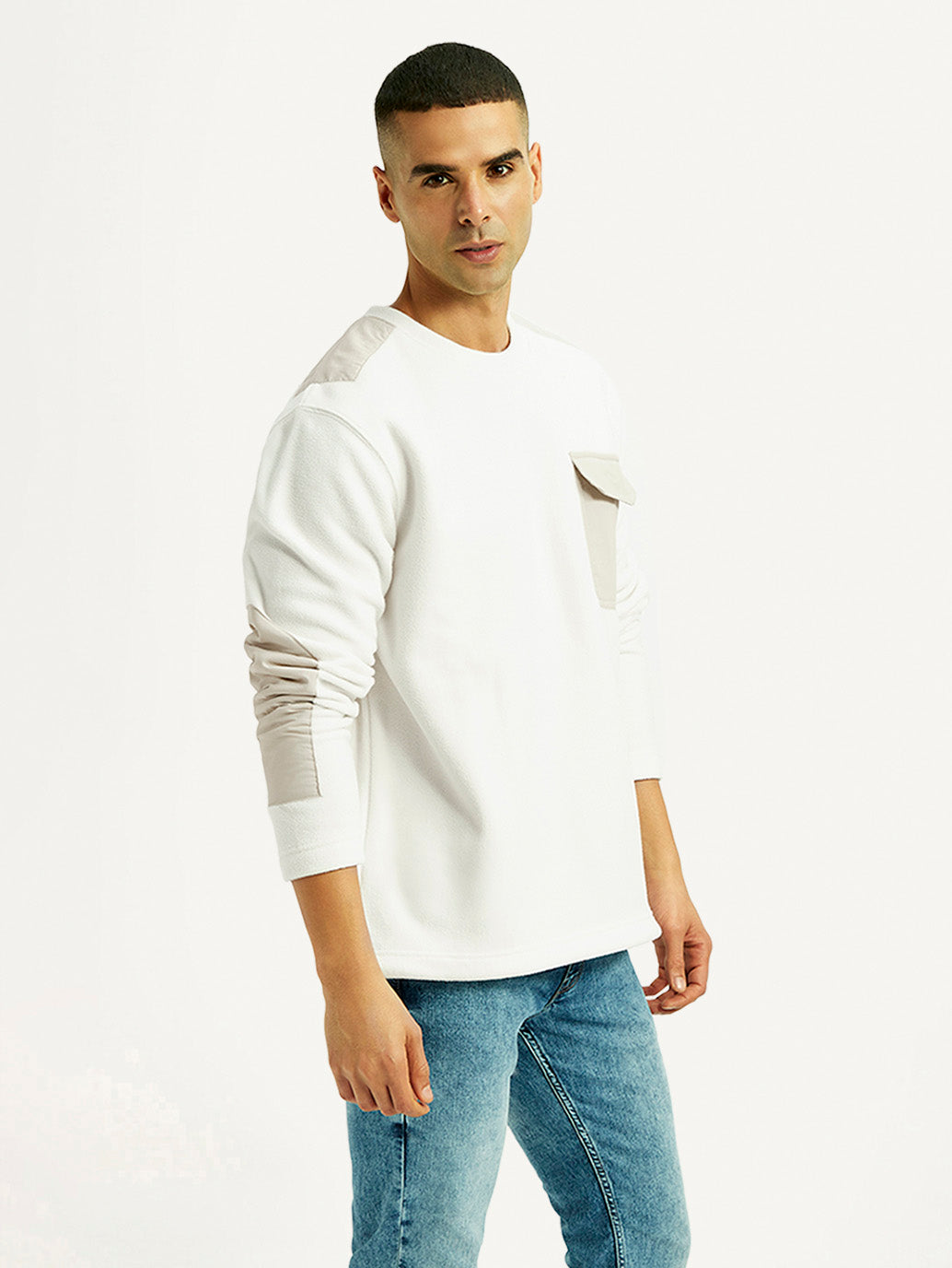 Men's Colorblock White Crew Neck Sweatshirt - Side View