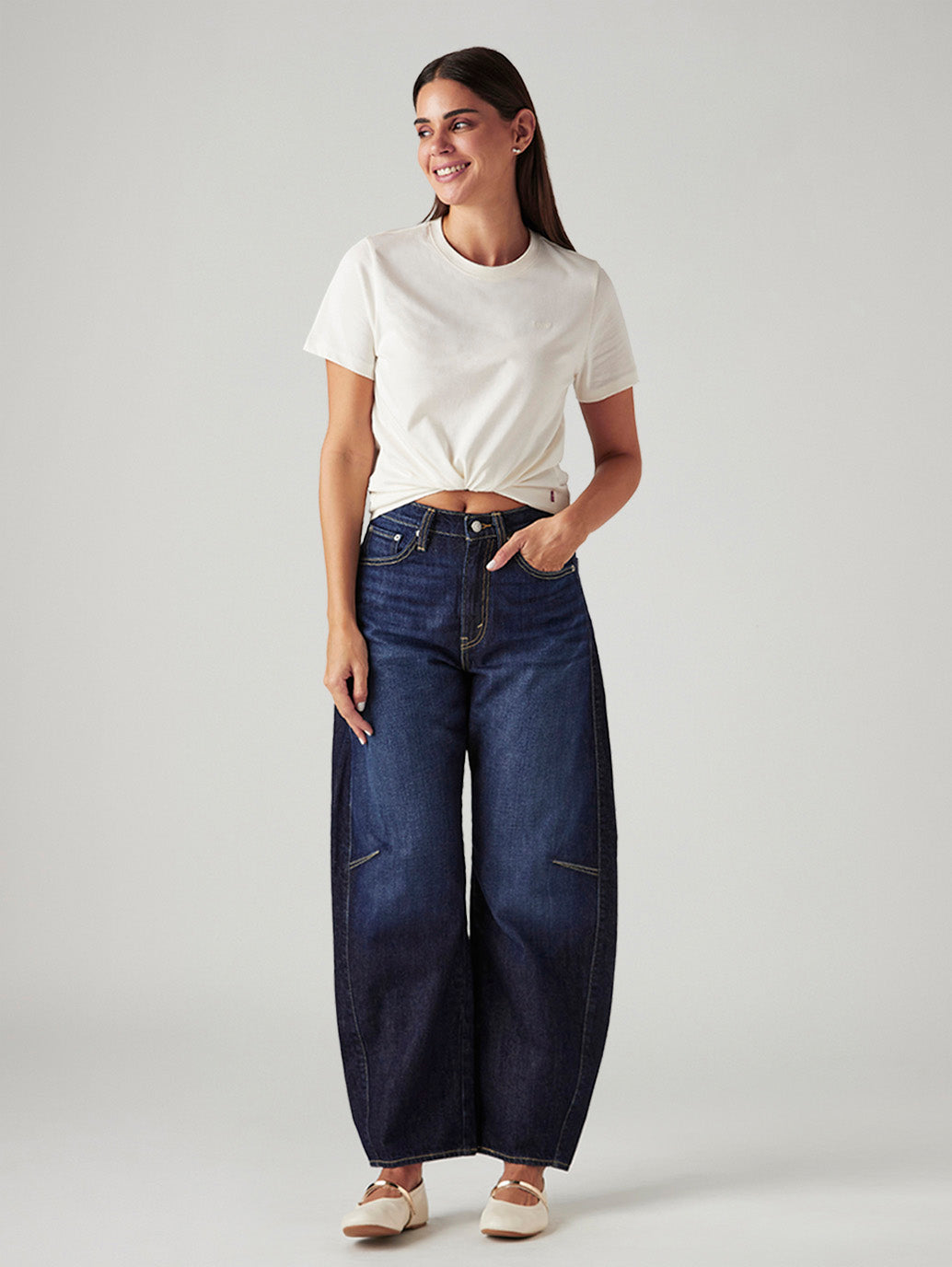 Women's Navy Cinch Baggy Dad Barrel Mid Rise Jeans - Styleshot View