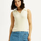 Women's Self Design Off White Polo Collar Top - Front View