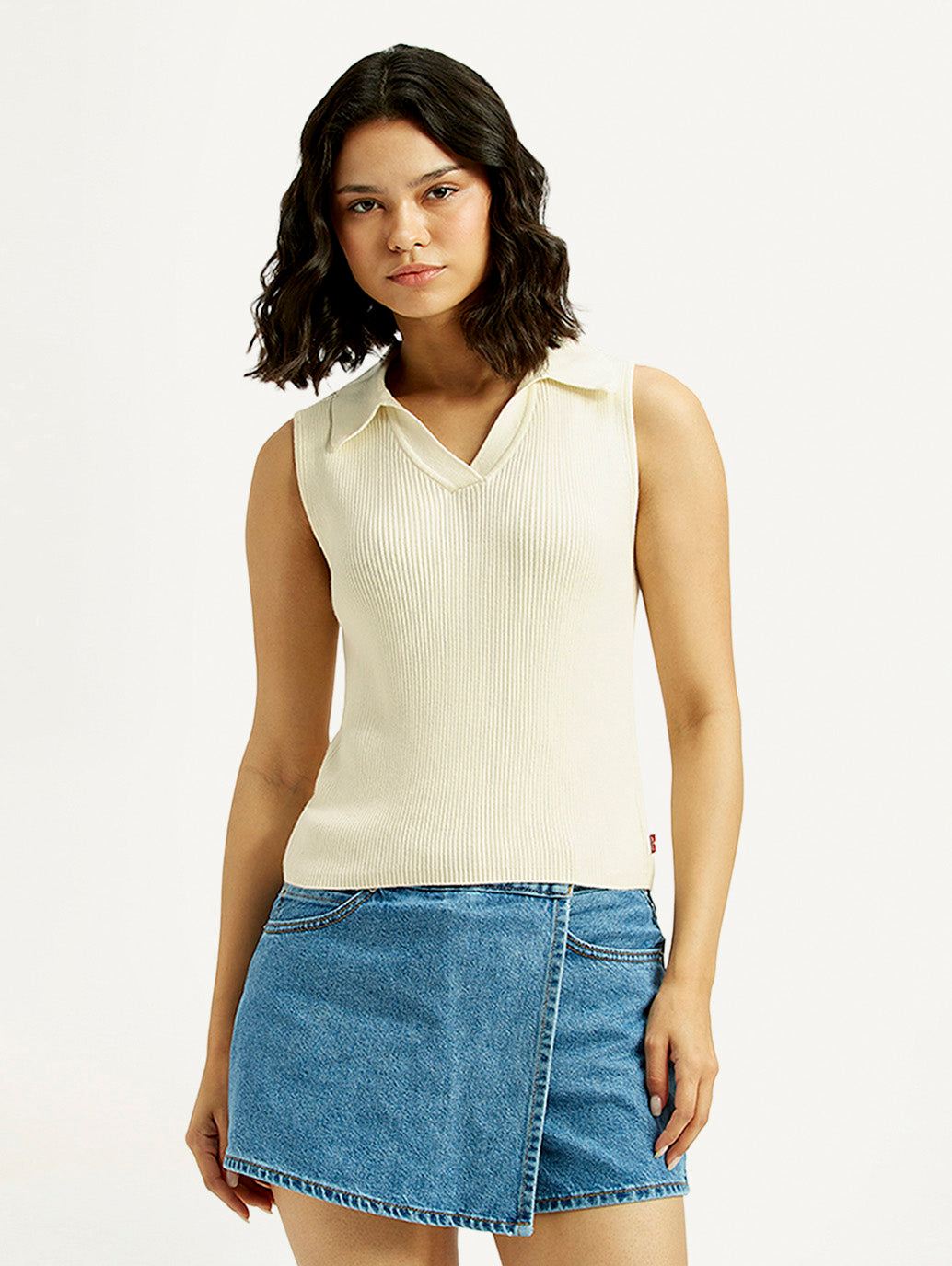 Women's Self Design Off White Polo Collar Top - Front View