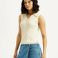 Women's Self Design Off White Polo Collar Top - Side View
