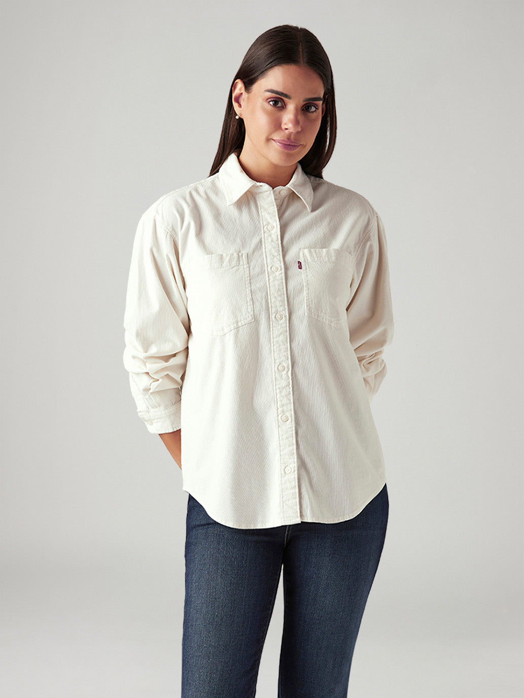 Women's Solid Off White Spread Collar Shirt - Front View