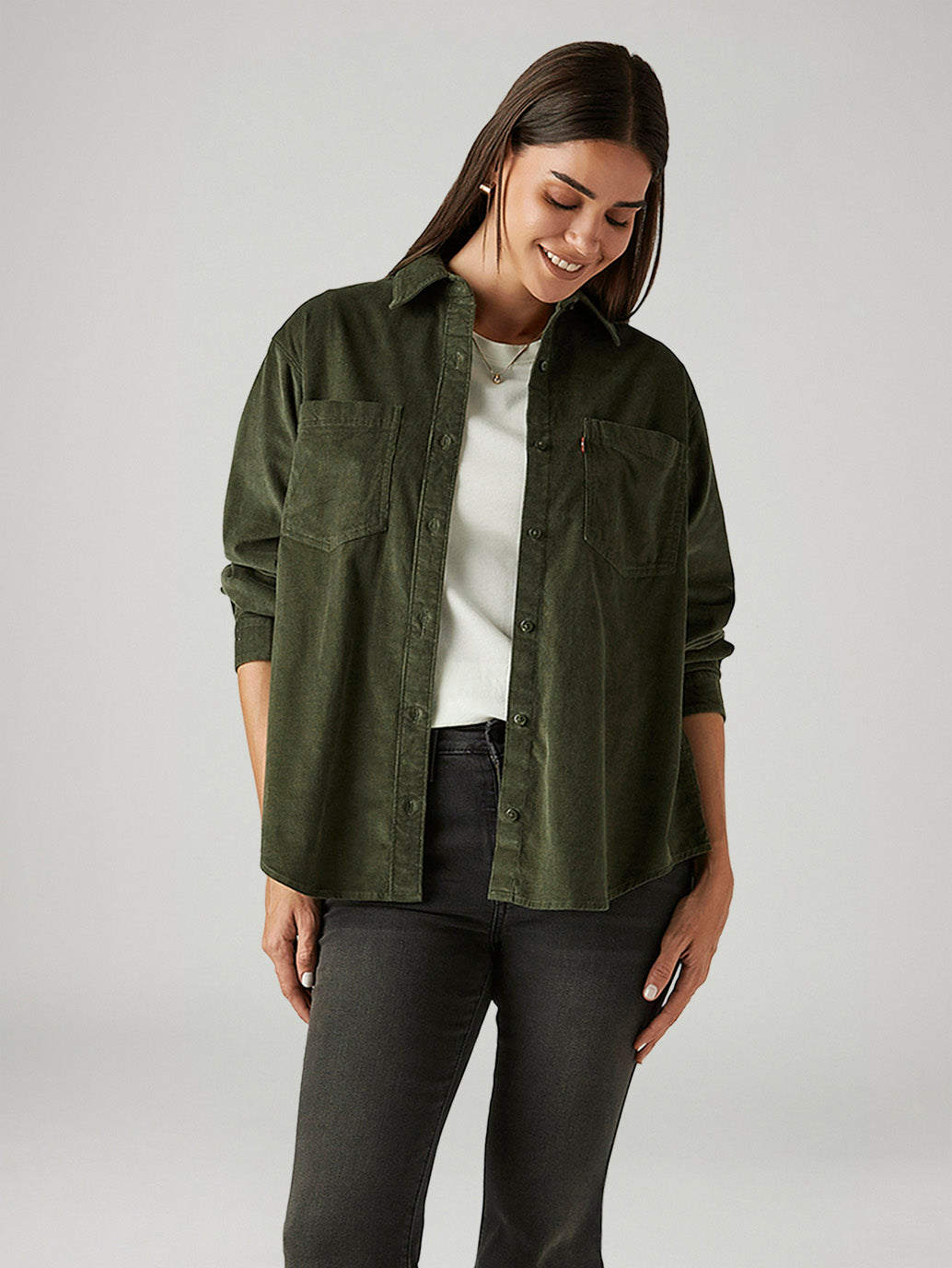 Women's Solid Olive Spread Collar Shirt - Styleshot View