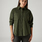 Women's Solid Olive Spread Collar Shirt - Front View