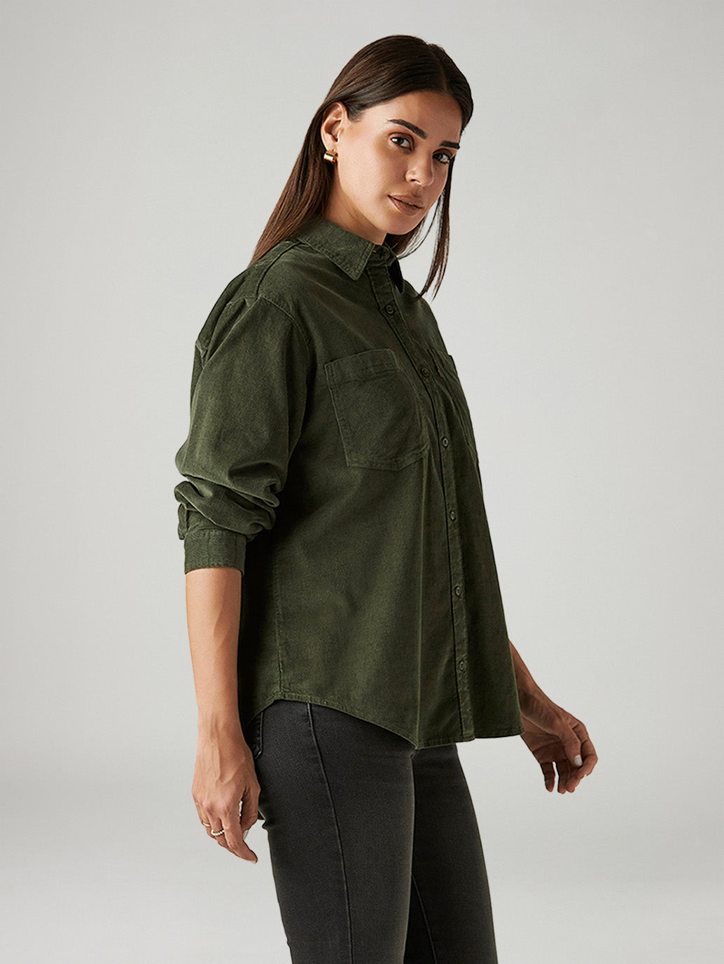 Women's Solid Olive Spread Collar Shirt - Side View