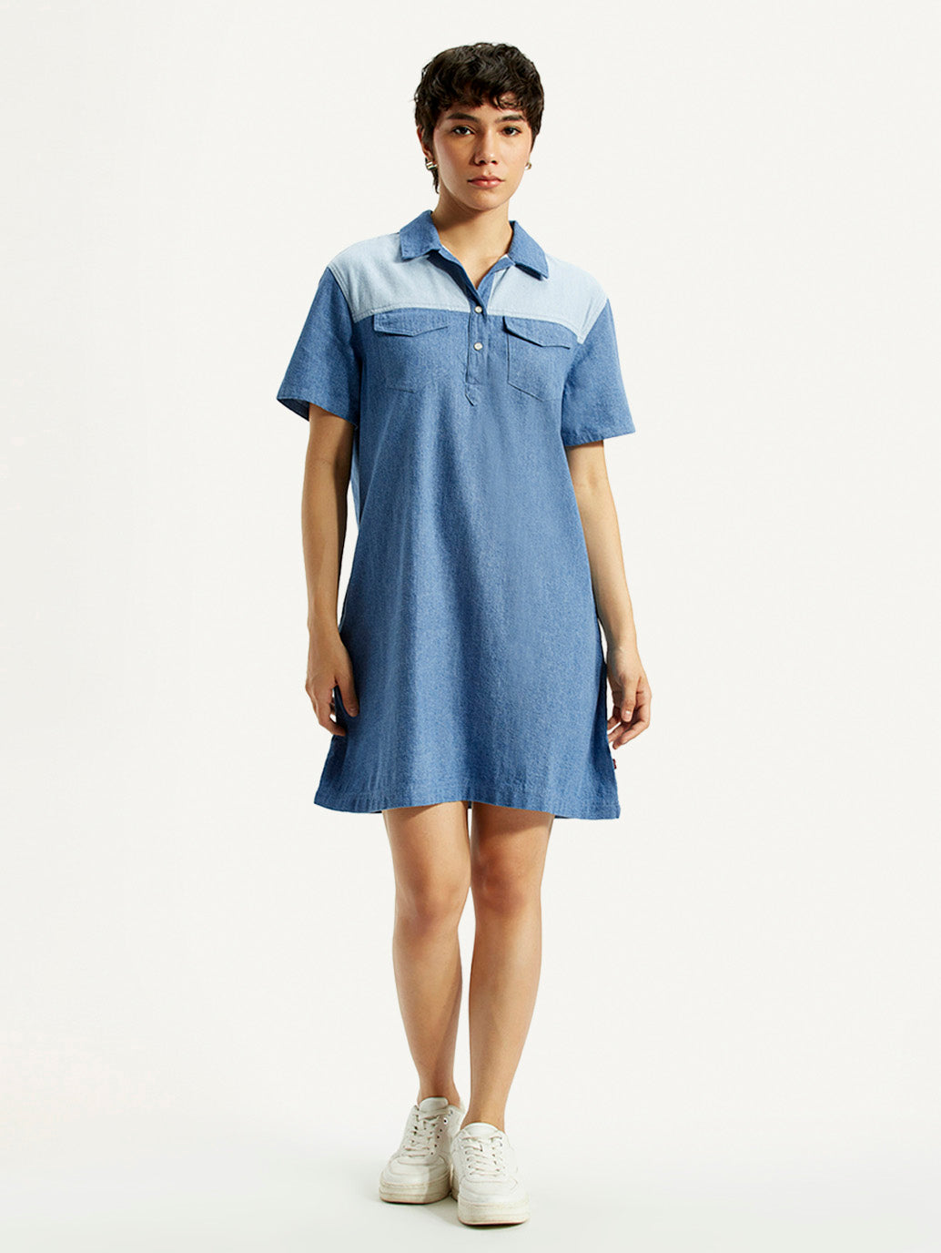 Women's Solid Indigo Shirt Collar Denim Dress - Front View