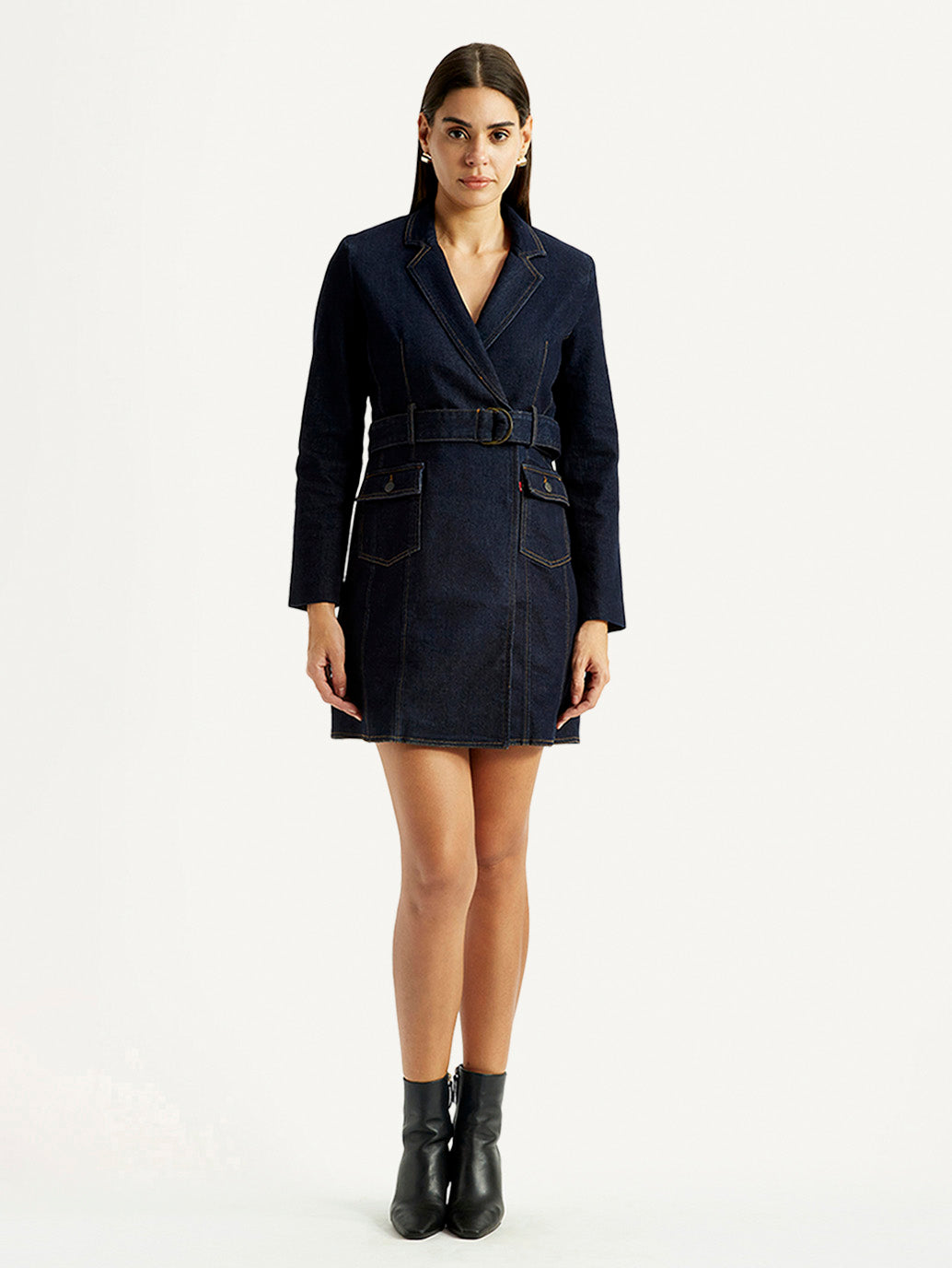 Women's Solid Dark Blue Notched Lapel Dress - Front View