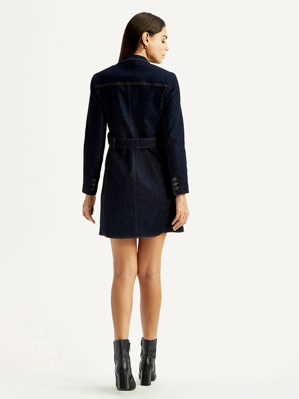 Women's Solid Dark Blue Notched Lapel Dress - Back View