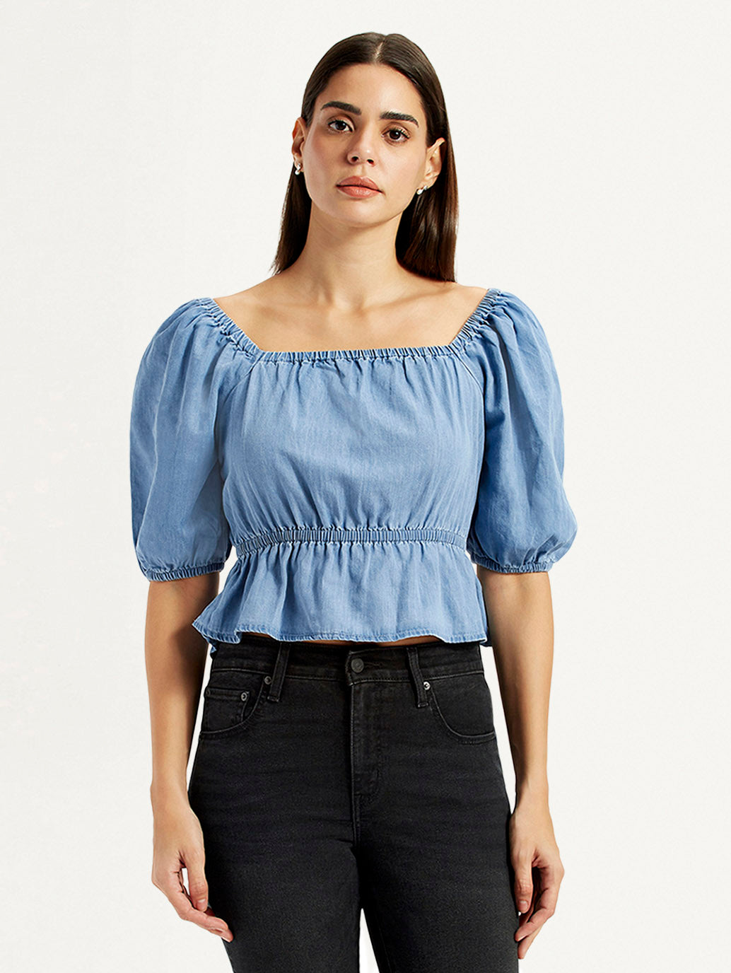 Women's Solid Blue Square Neck Top - Front View