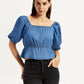 Women's Solid Dark Blue Square Neck Top - Styleshot View