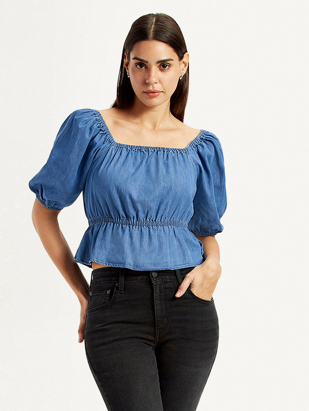 Women's Solid Dark Blue Square Neck Top - Styleshot View