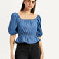Women's Solid Dark Blue Square Neck Top - Front View