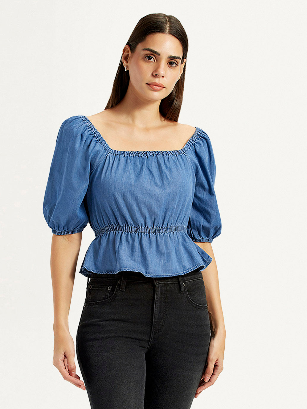 Women's Solid Dark Blue Square Neck Top - Front View