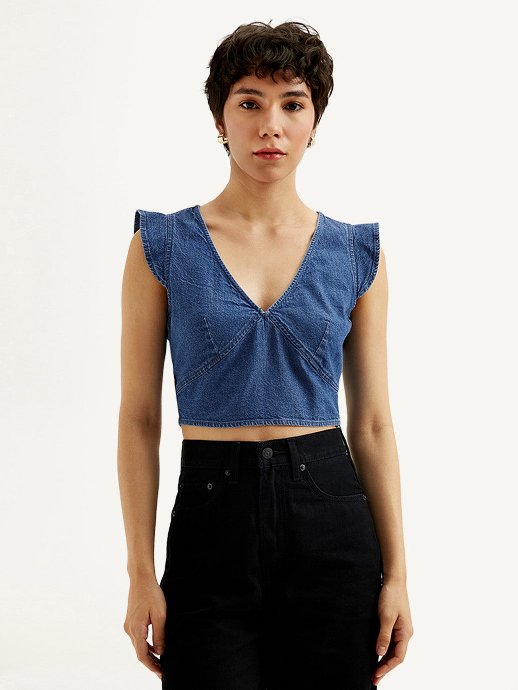 Women's Solid Blue V-Neck Denim Crop Top - Front View