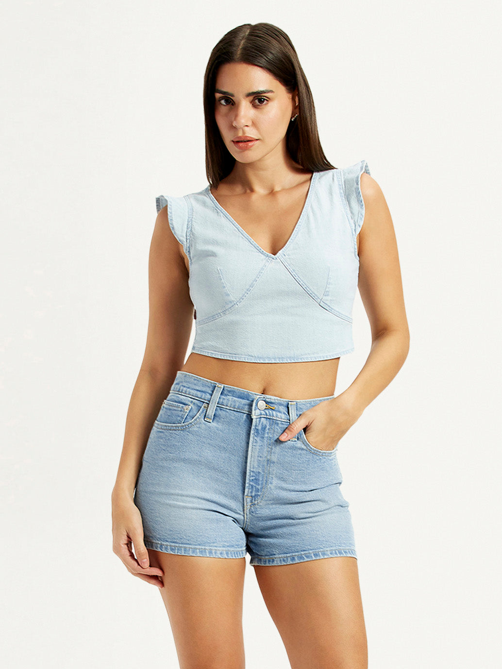 Women's Solid Light-Blue V-Neck Top - Styleshot View