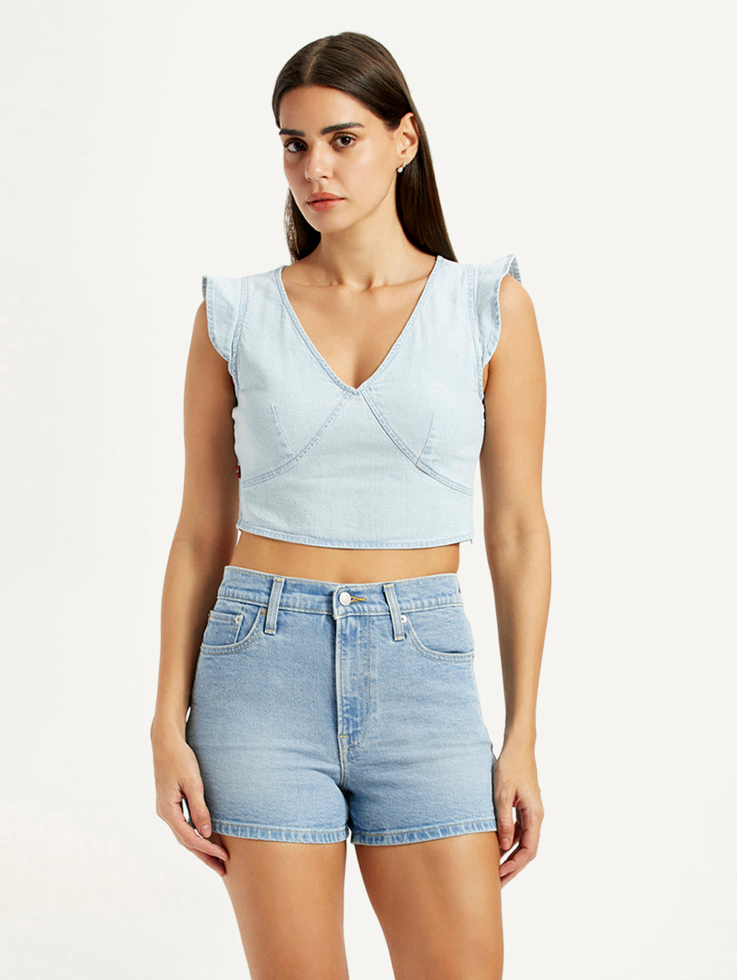 Women's Solid Light-Blue V-Neck Top - Front View