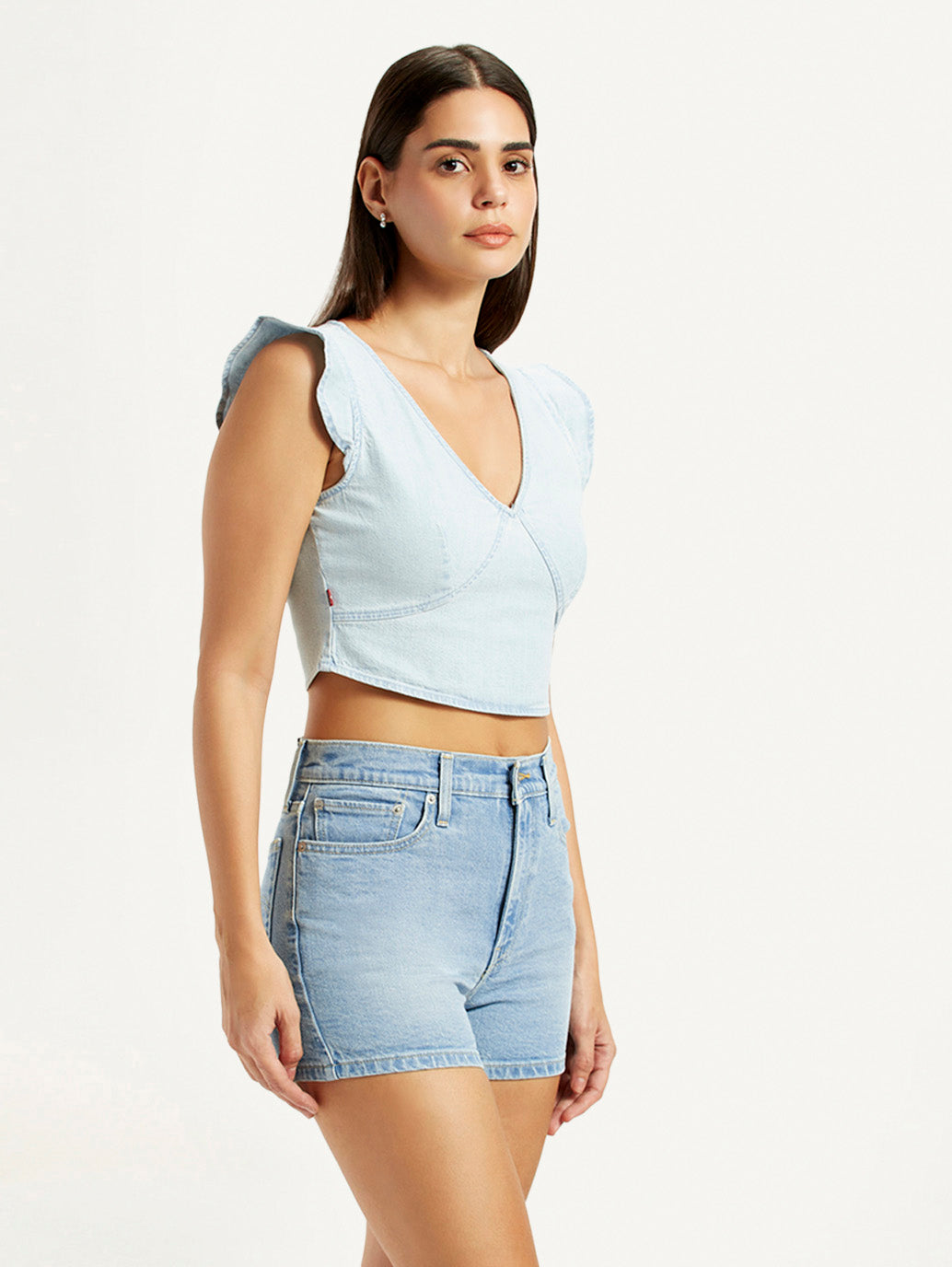 Women's Solid Light-Blue V-Neck Top - Side View