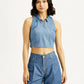 Women's Solid Blue Polo Collar Denim Crop Top - Front View