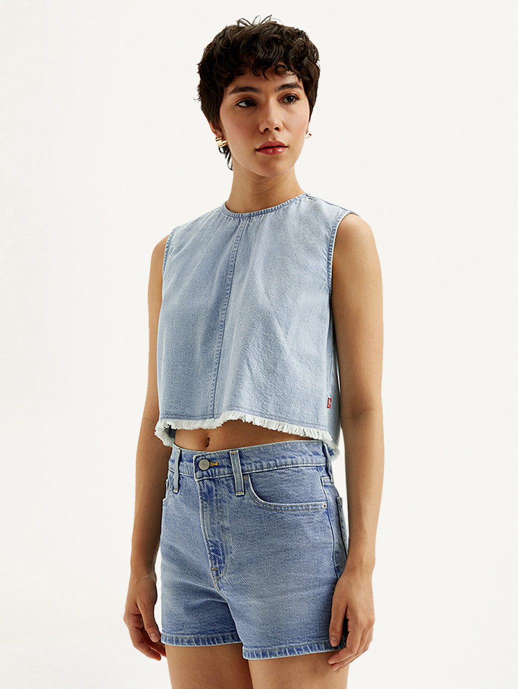 Women's Solid Light Blue Round Neck Denim Crop Top - Side View